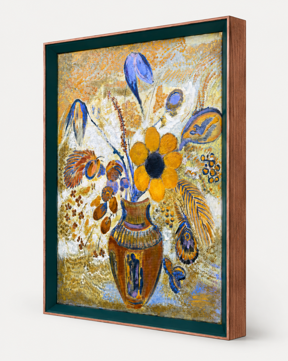 Botanical Acrylic on Canvas Painting – Green & Teak Frame, 16 × 24 in