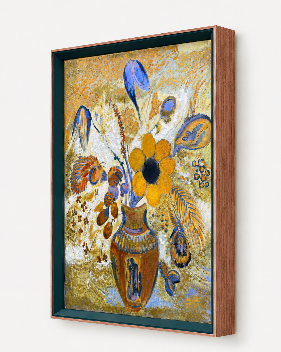 Botanical Acrylic on Canvas Painting – Green & Teak Frame, 16 × 24 in