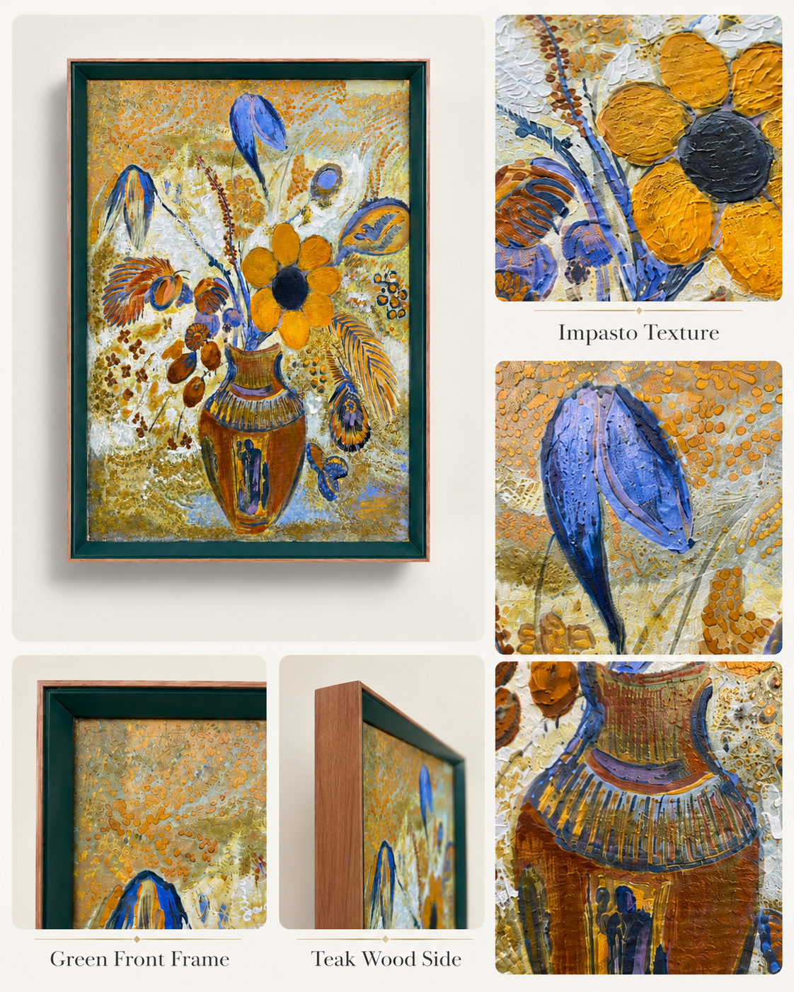 Botanical Acrylic on Canvas Painting – Green & Teak Frame, 16 × 24 in