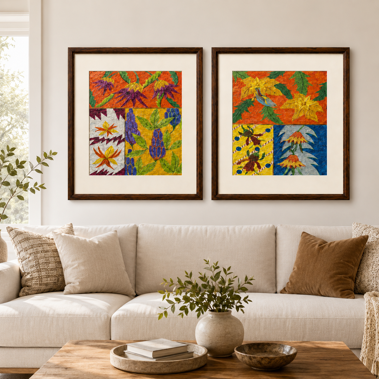 Botanical Art Print on Canvas – Set of 2, Thin Teak Wood Frames with Off-White Mat, 25 × 29 in Each