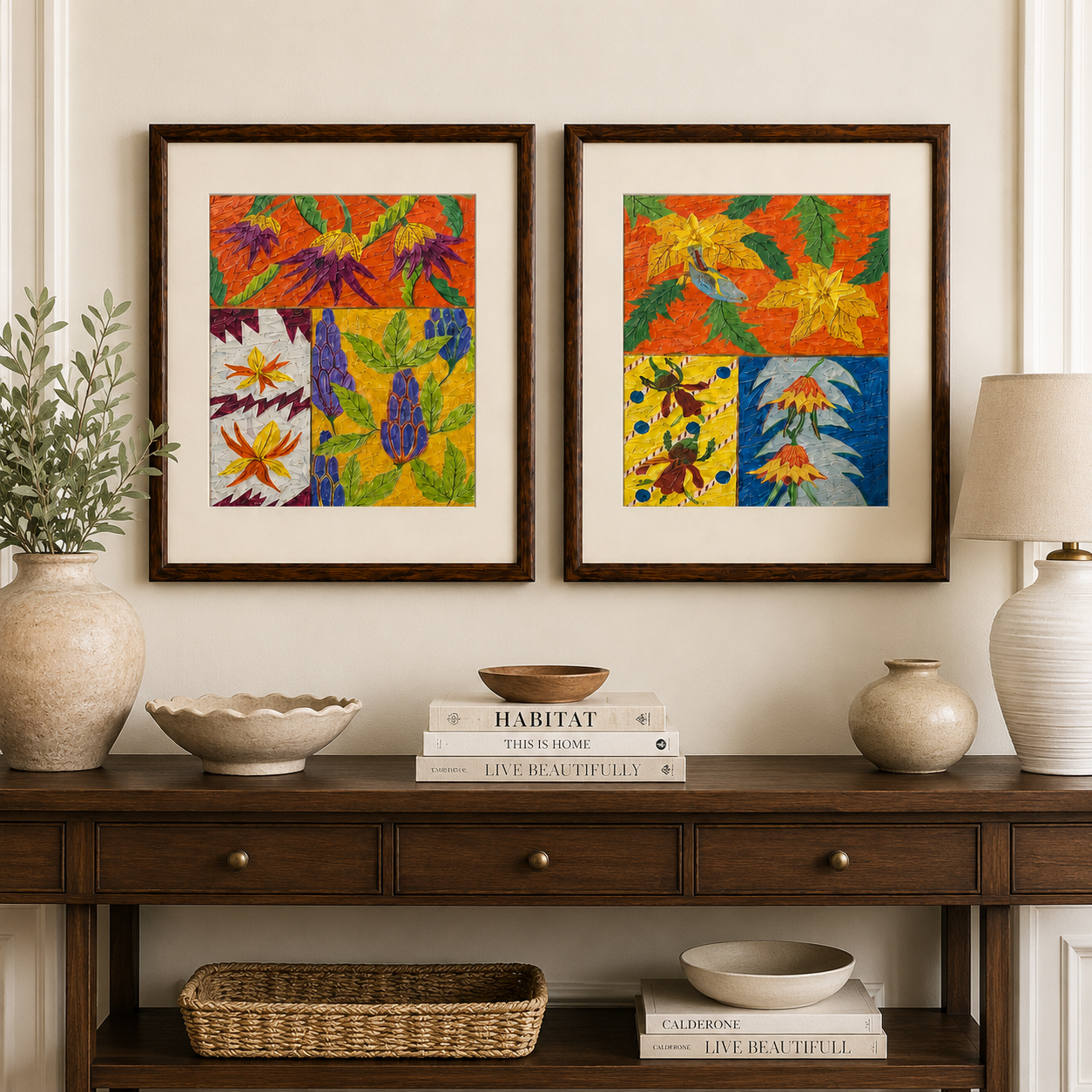 Botanical Art Print on Canvas – Set of 2, Thin Teak Wood Frames with Off-White Mat, 25 × 29 in Each