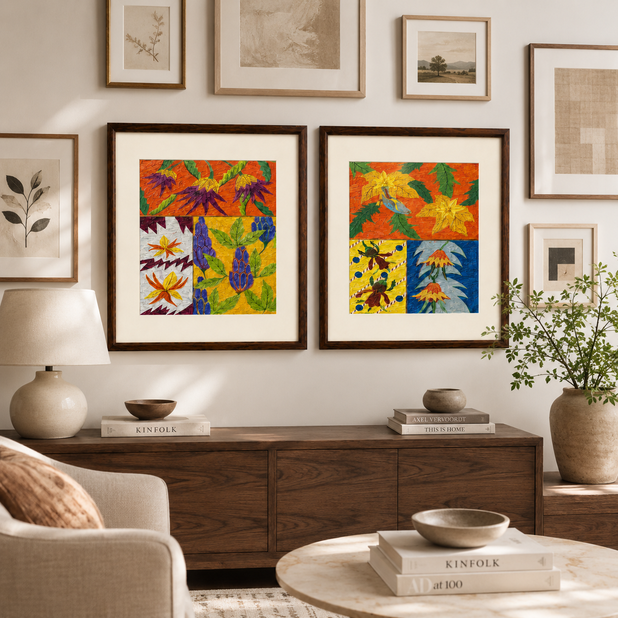 Botanical Art Print on Canvas – Set of 2, Thin Teak Wood Frames with Off-White Mat, 25 × 29 in Each