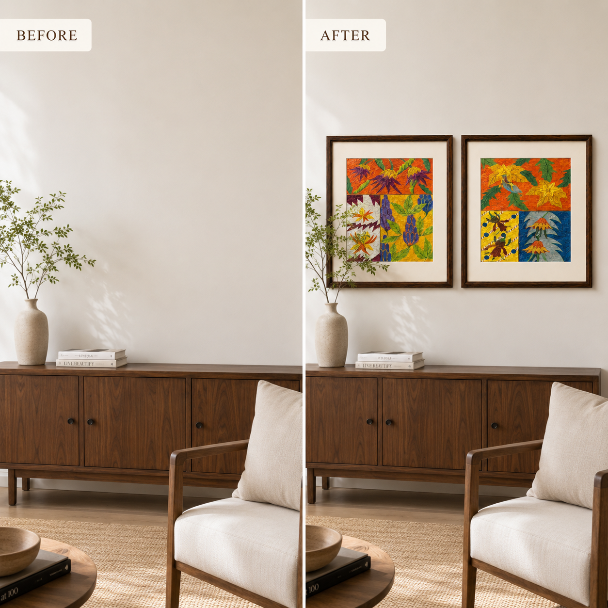 Botanical Art Print on Canvas – Set of 2, Thin Teak Wood Frames with Off-White Mat, 25 × 29 in Each