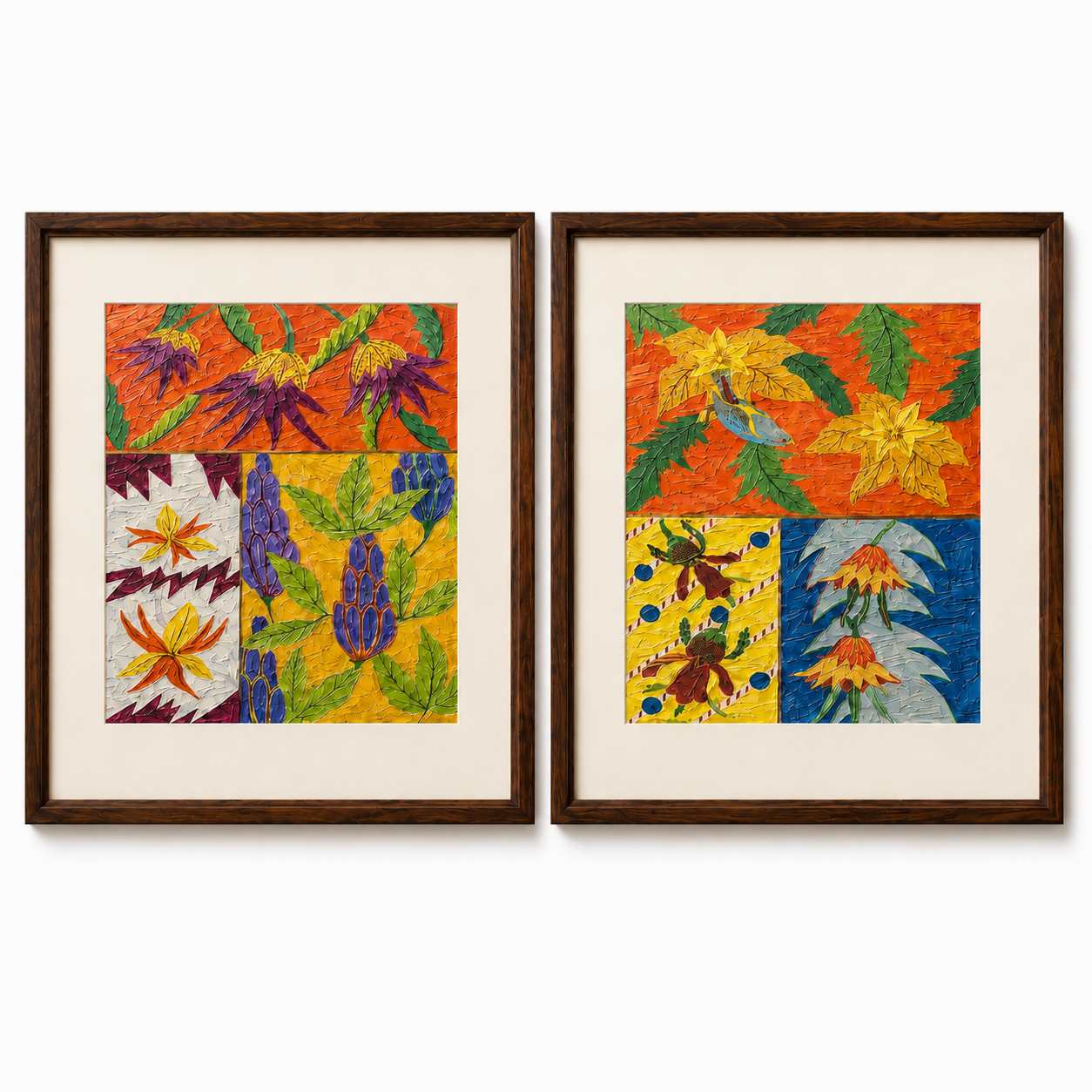 Botanical Art Print on Canvas – Set of 2, Thin Teak Wood Frames with Off-White Mat, 25 × 29 in Each