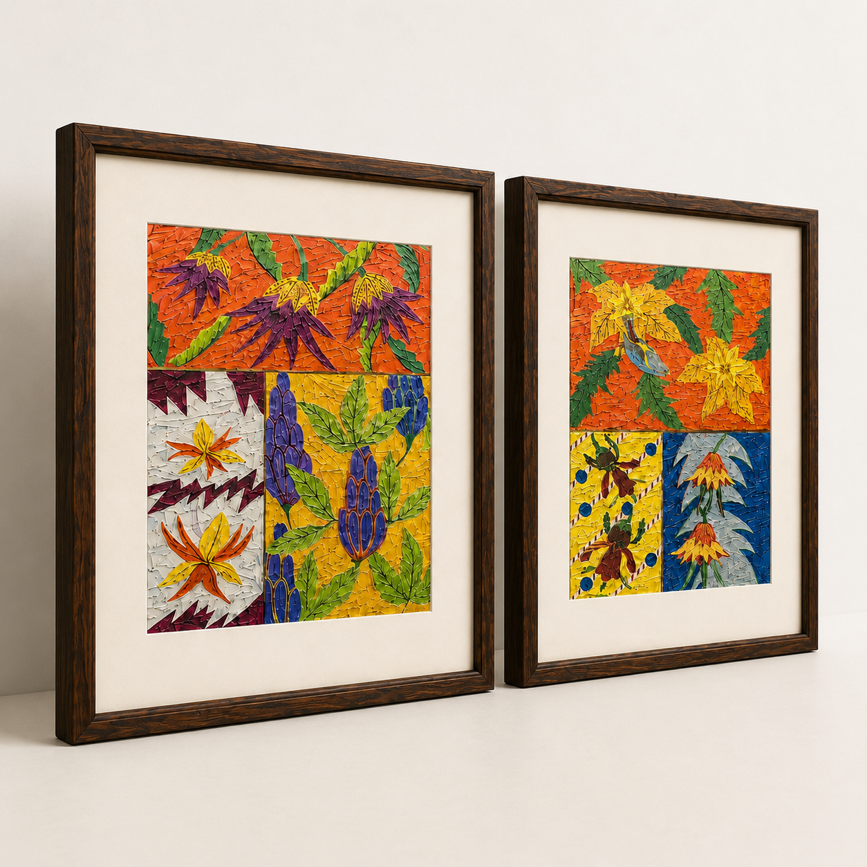 Botanical Art Print on Canvas – Set of 2, Thin Teak Wood Frames with Off-White Mat, 25 × 29 in Each