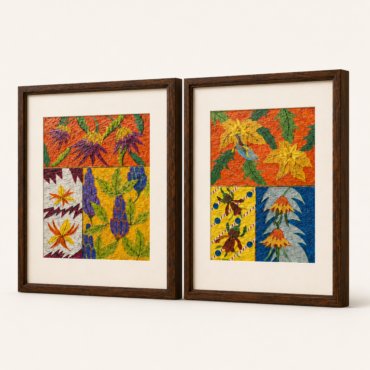 Botanical Art Print on Canvas – Set of 2, Thin Teak Wood Frames with Off-White Mat, 25 × 29 in Each