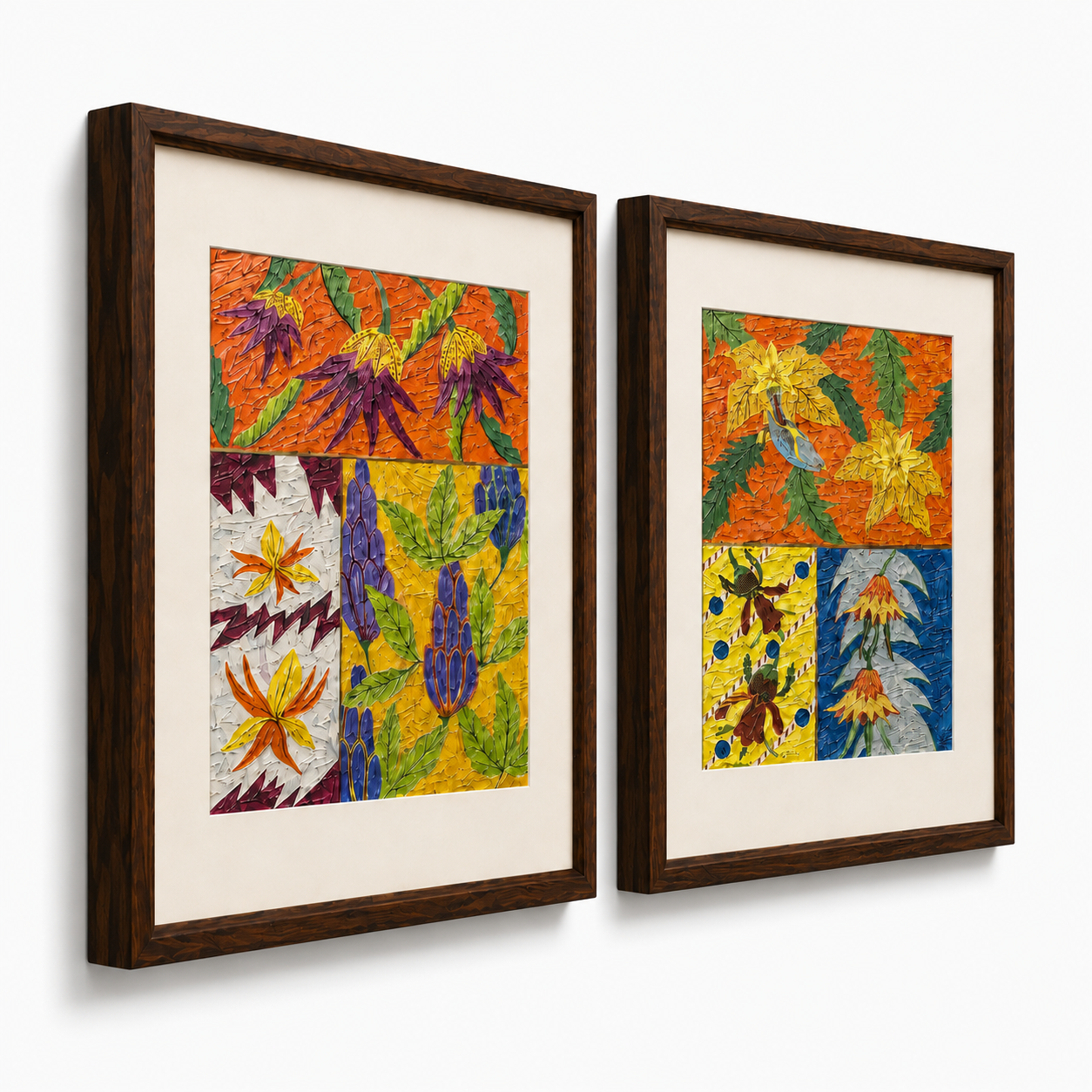 Botanical Art Print on Canvas – Set of 2, Thin Teak Wood Frames with Off-White Mat, 25 × 29 in Each