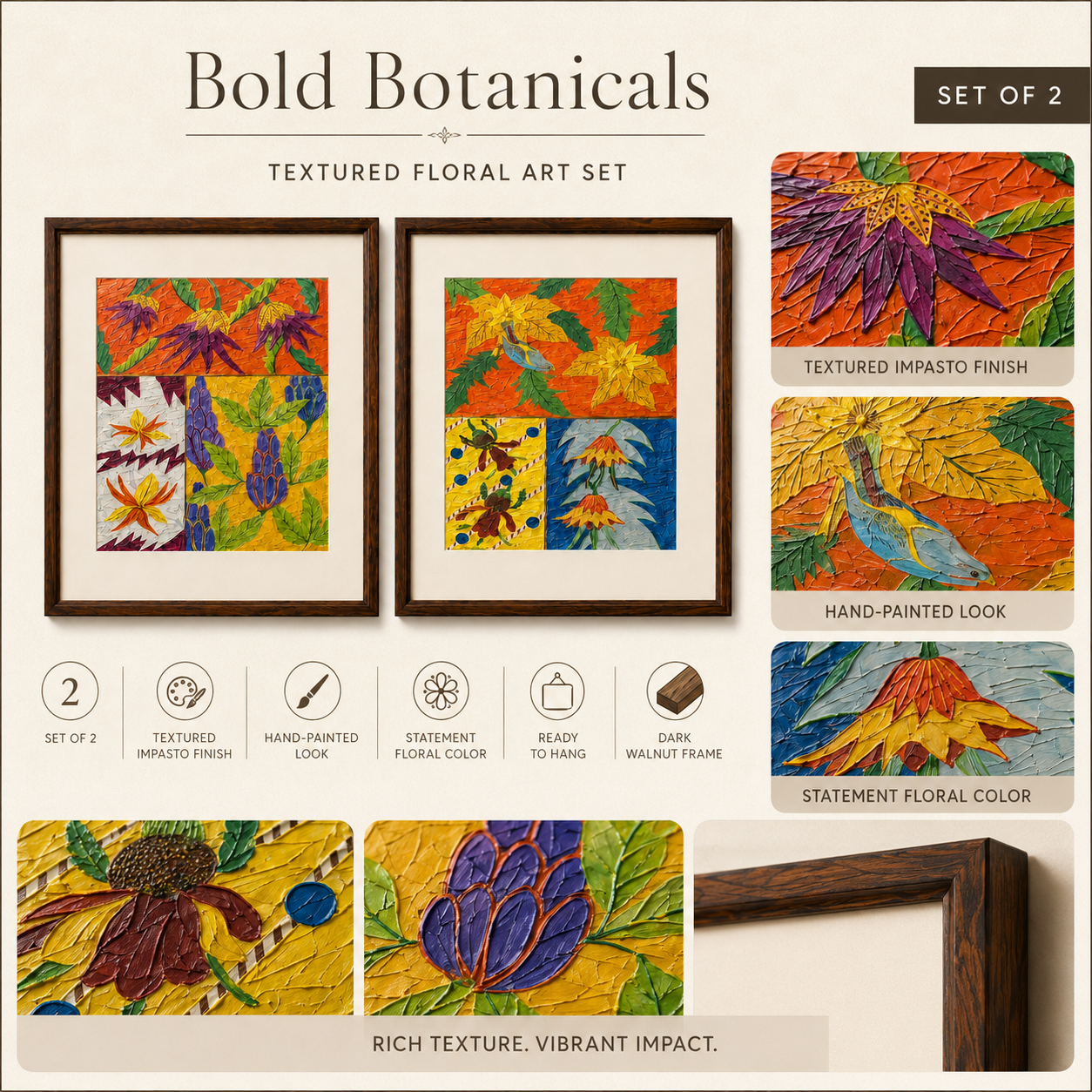 Botanical Art Print on Canvas – Set of 2, Thin Teak Wood Frames with Off-White Mat, 25 × 29 in Each