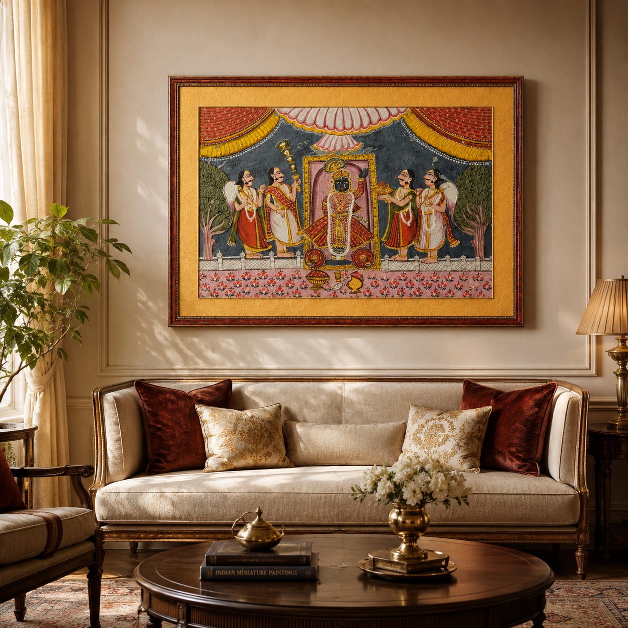 Srinathji Bhagwan Art Print on Canvas – Rustic Indian Red Frame with Gold Mount, 36 × 24 in