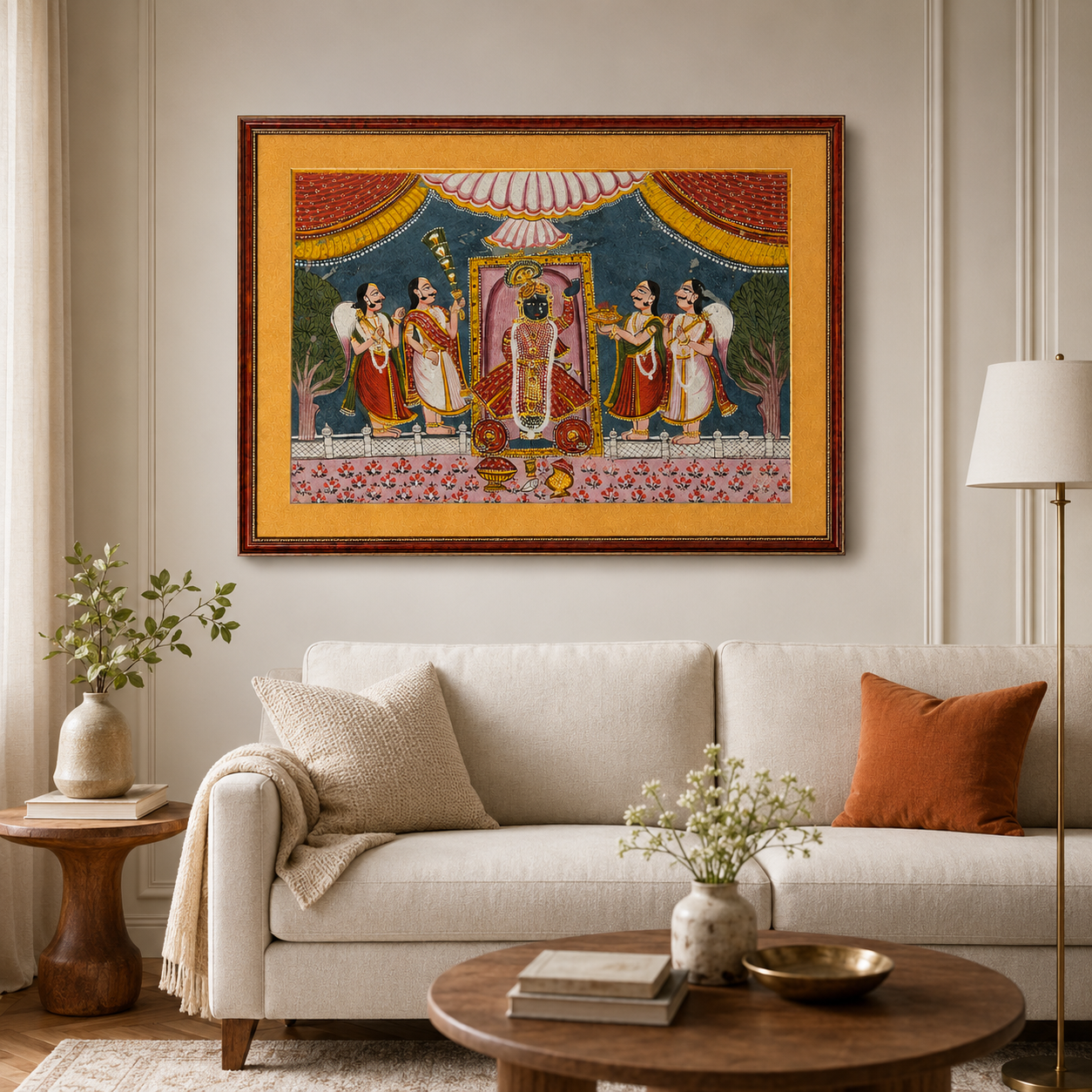 Srinathji Bhagwan Art Print on Canvas – Rustic Indian Red Frame with Gold Mount, 36 × 24 in