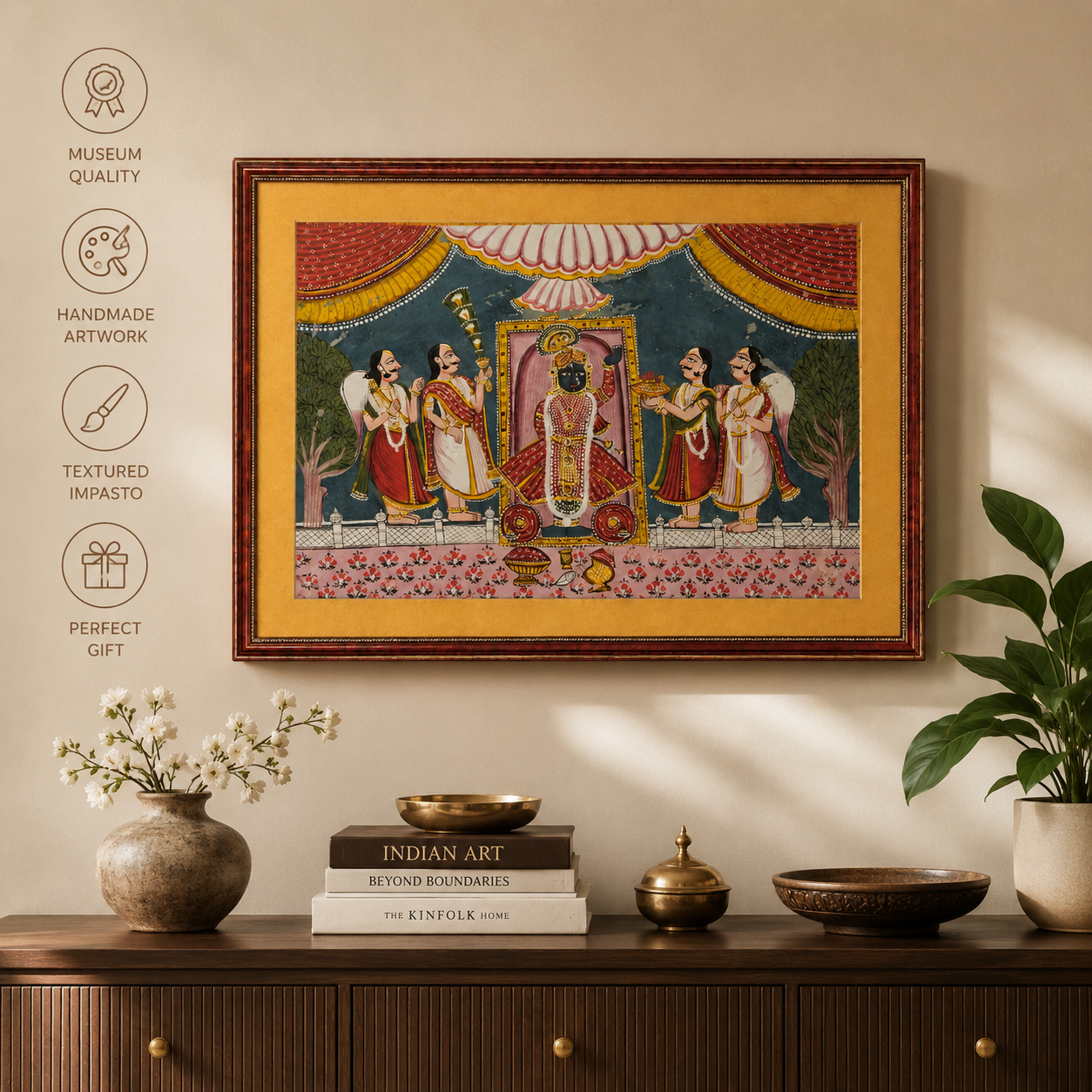 Srinathji Bhagwan Art Print on Canvas – Rustic Indian Red Frame with Gold Mount, 36 × 24 in
