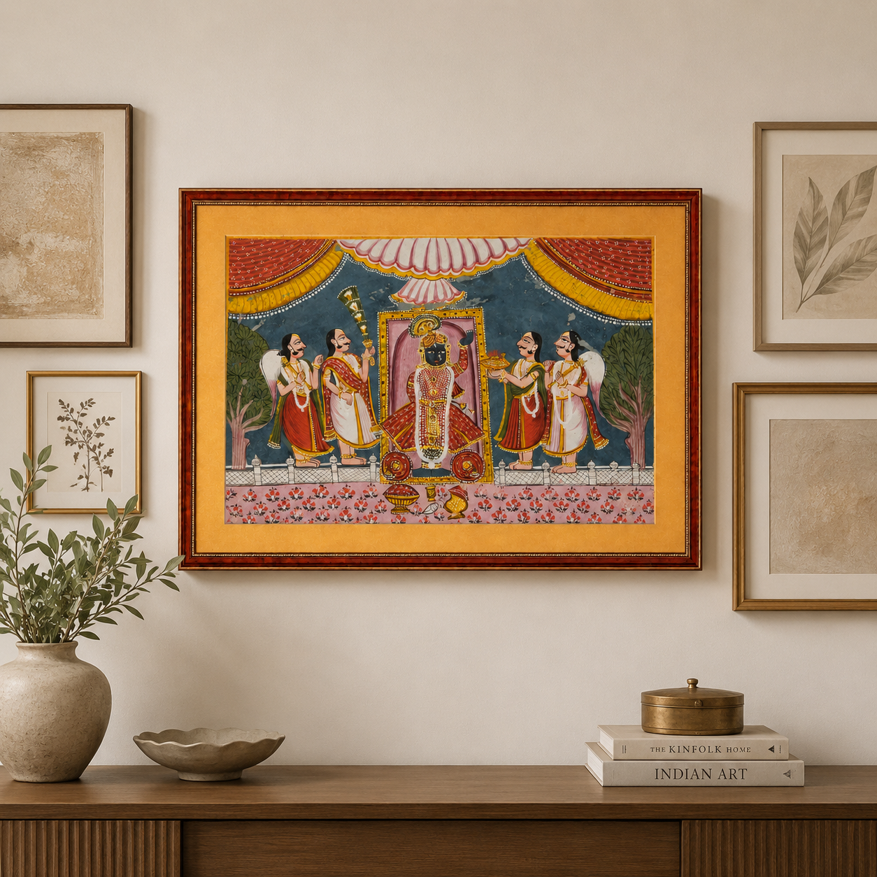 Srinathji Bhagwan Art Print on Canvas – Rustic Indian Red Frame with Gold Mount, 36 × 24 in