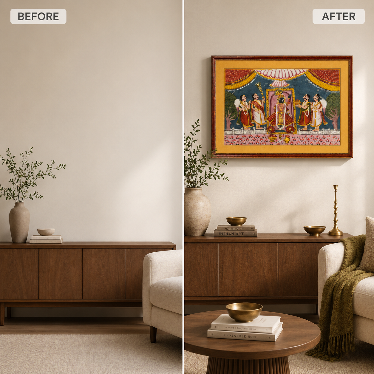 Srinathji Bhagwan Art Print on Canvas – Rustic Indian Red Frame with Gold Mount, 36 × 24 in