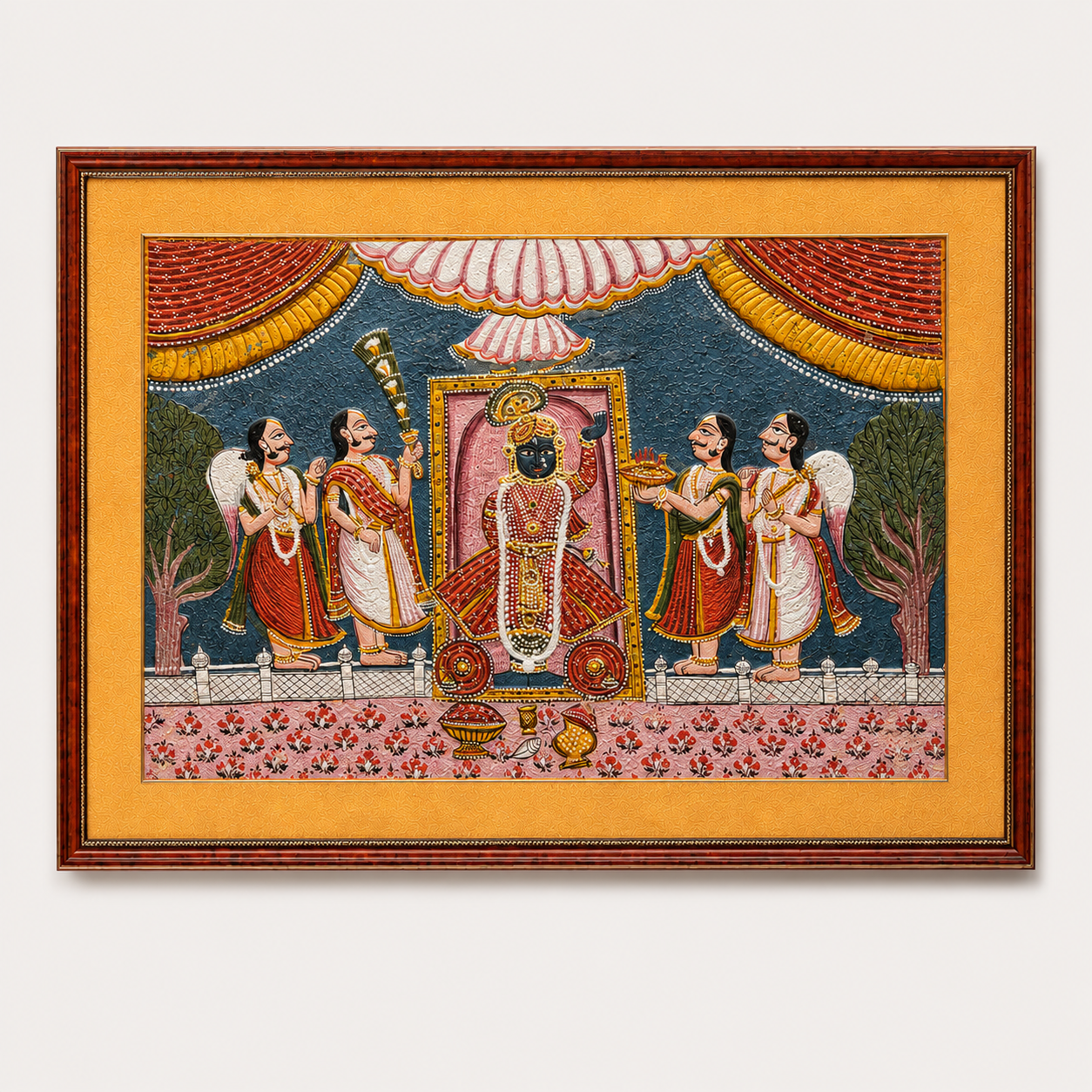 Srinathji Bhagwan Art Print on Canvas – Rustic Indian Red Frame with Gold Mount, 36 × 24 in