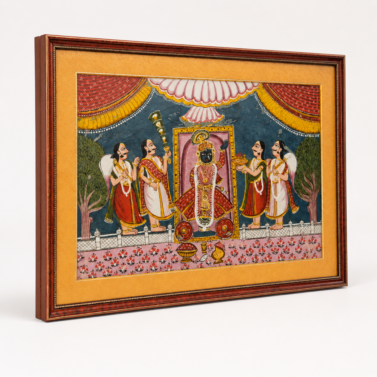 Srinathji Bhagwan Art Print on Canvas – Rustic Indian Red Frame with Gold Mount, 36 × 24 in