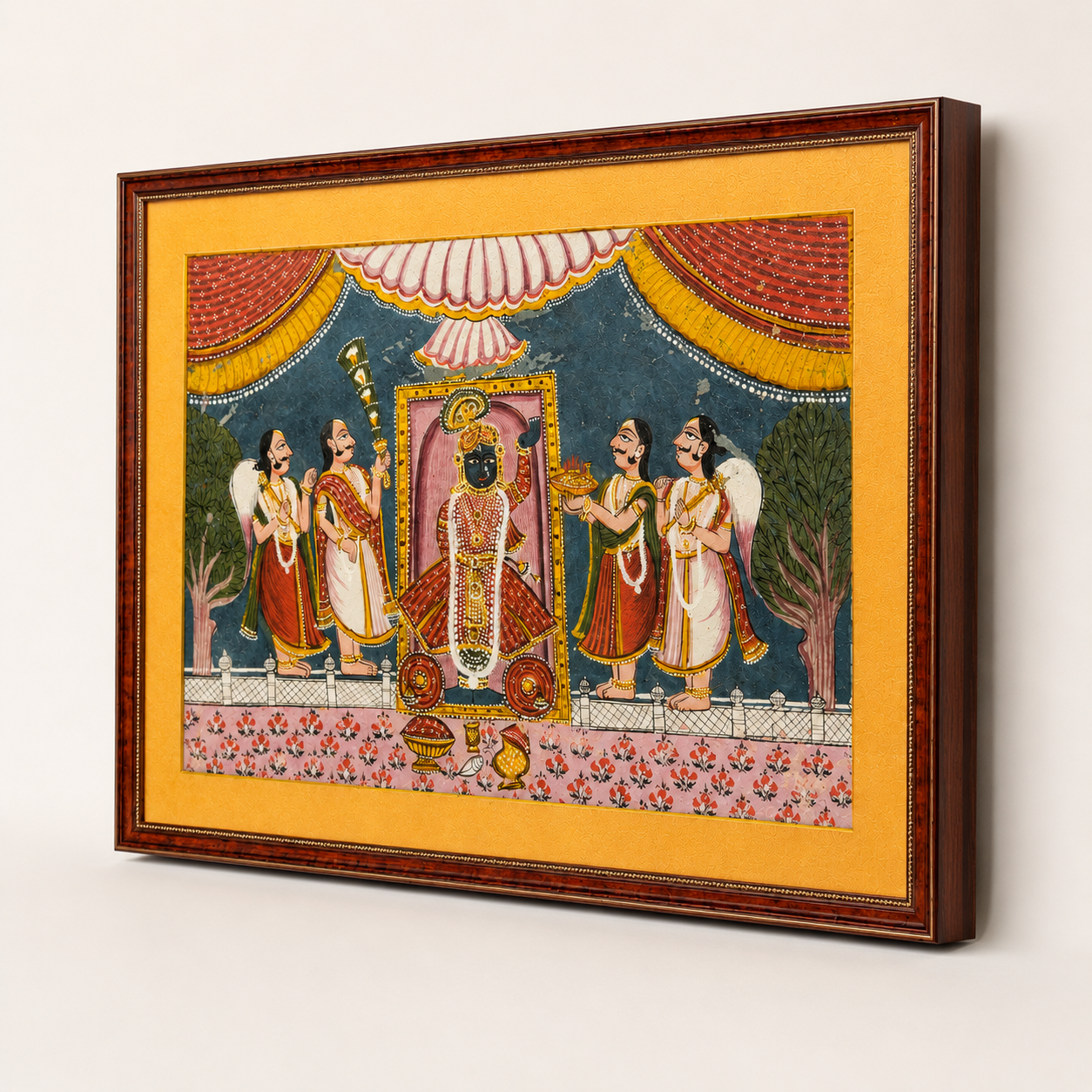 Srinathji Bhagwan Art Print on Canvas – Rustic Indian Red Frame with Gold Mount, 36 × 24 in