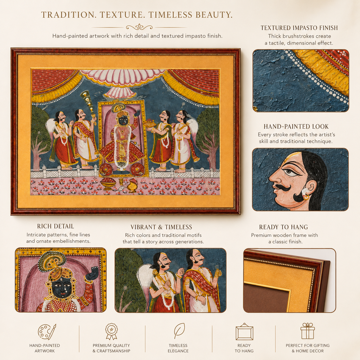 Srinathji Bhagwan Art Print on Canvas – Rustic Indian Red Frame with Gold Mount, 36 × 24 in