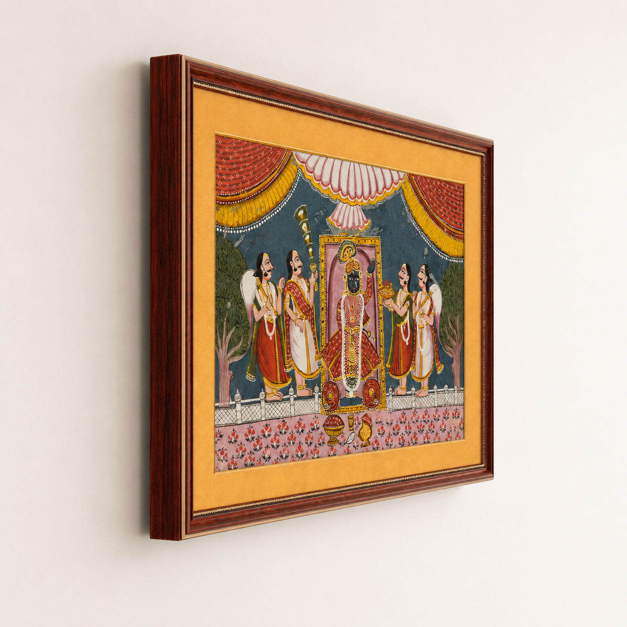 Srinathji Bhagwan Art Print on Canvas – Rustic Indian Red Frame with Gold Mount, 36 × 24 in