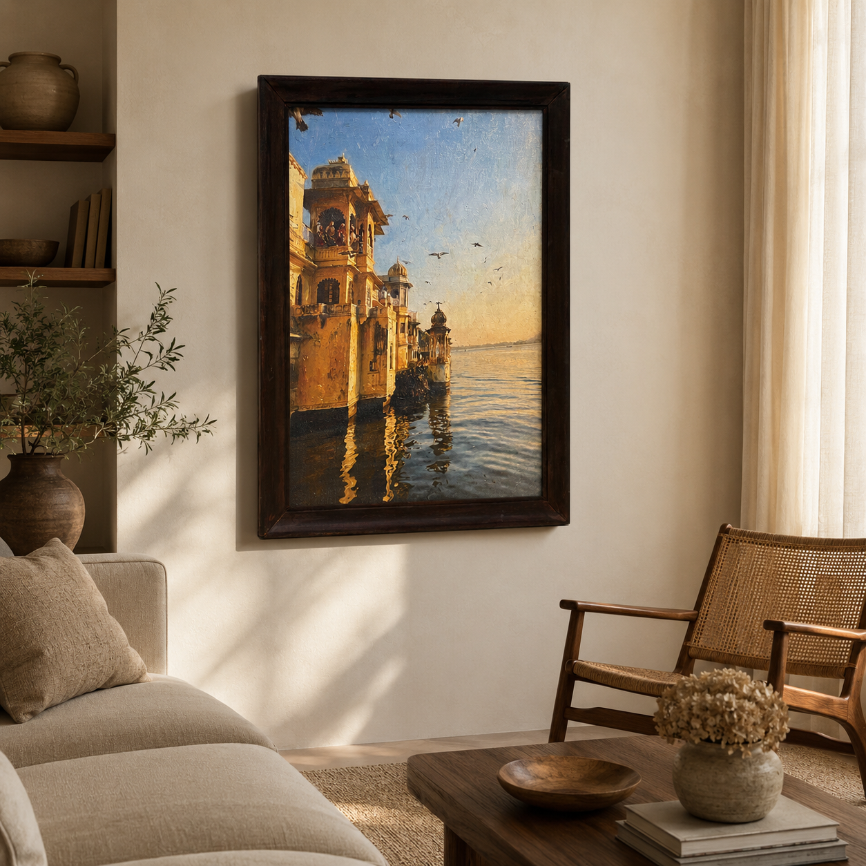 Lakeside Palace Art Print on Canvas – Walnut Wood Frame, 18 × 23 in