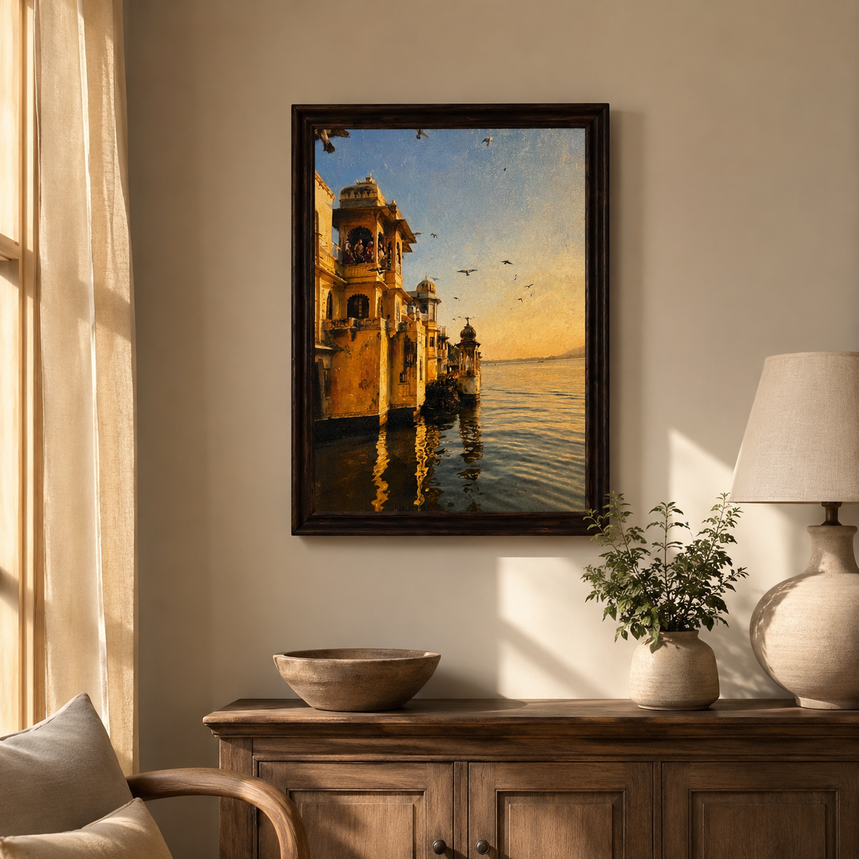 Lakeside Palace Art Print on Canvas – Walnut Wood Frame, 18 × 23 in
