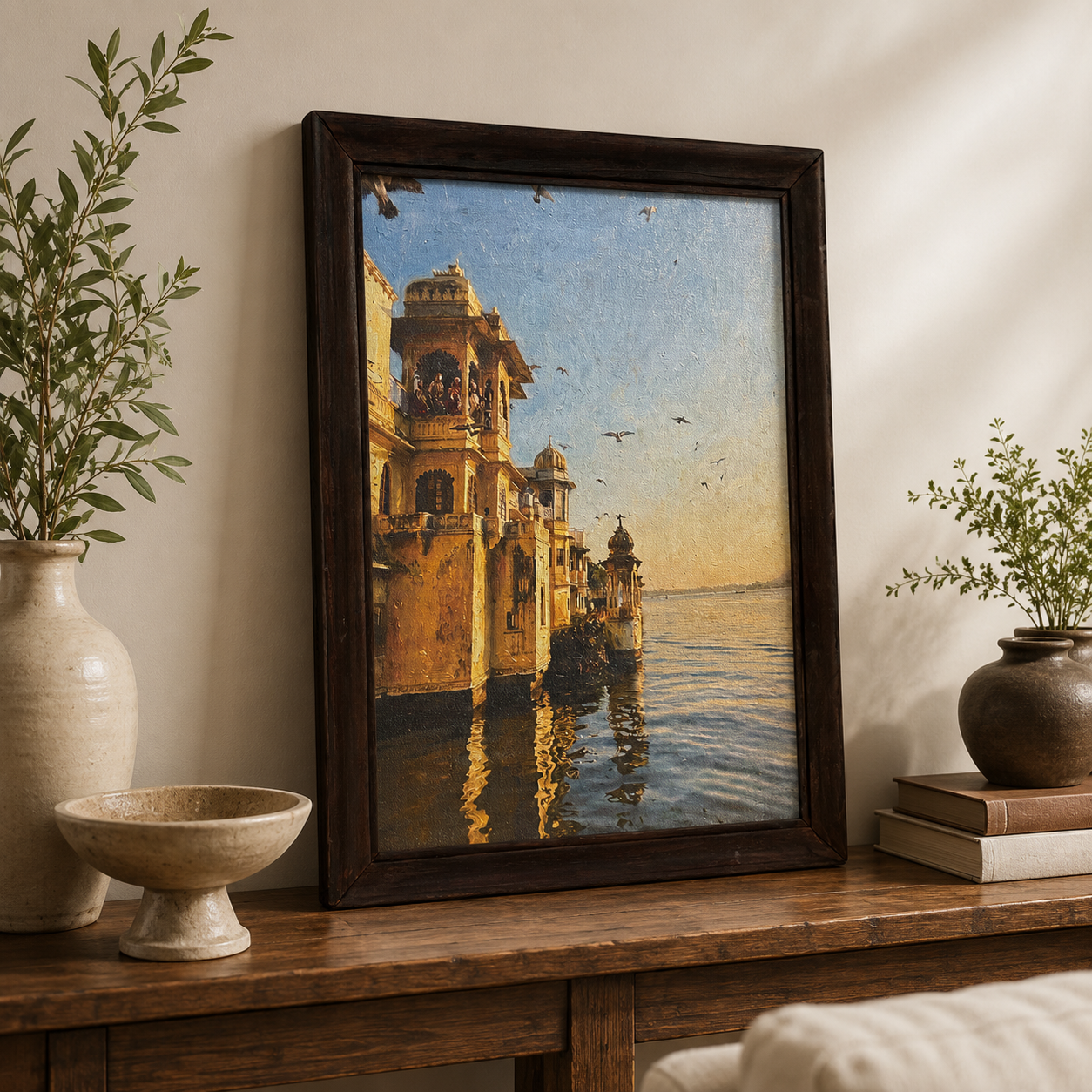 Lakeside Palace Art Print on Canvas – Walnut Wood Frame, 18 × 23 in