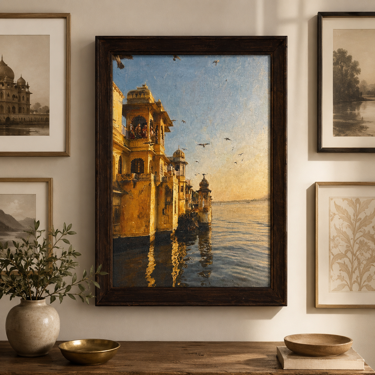 Lakeside Palace Art Print on Canvas – Walnut Wood Frame, 18 × 23 in