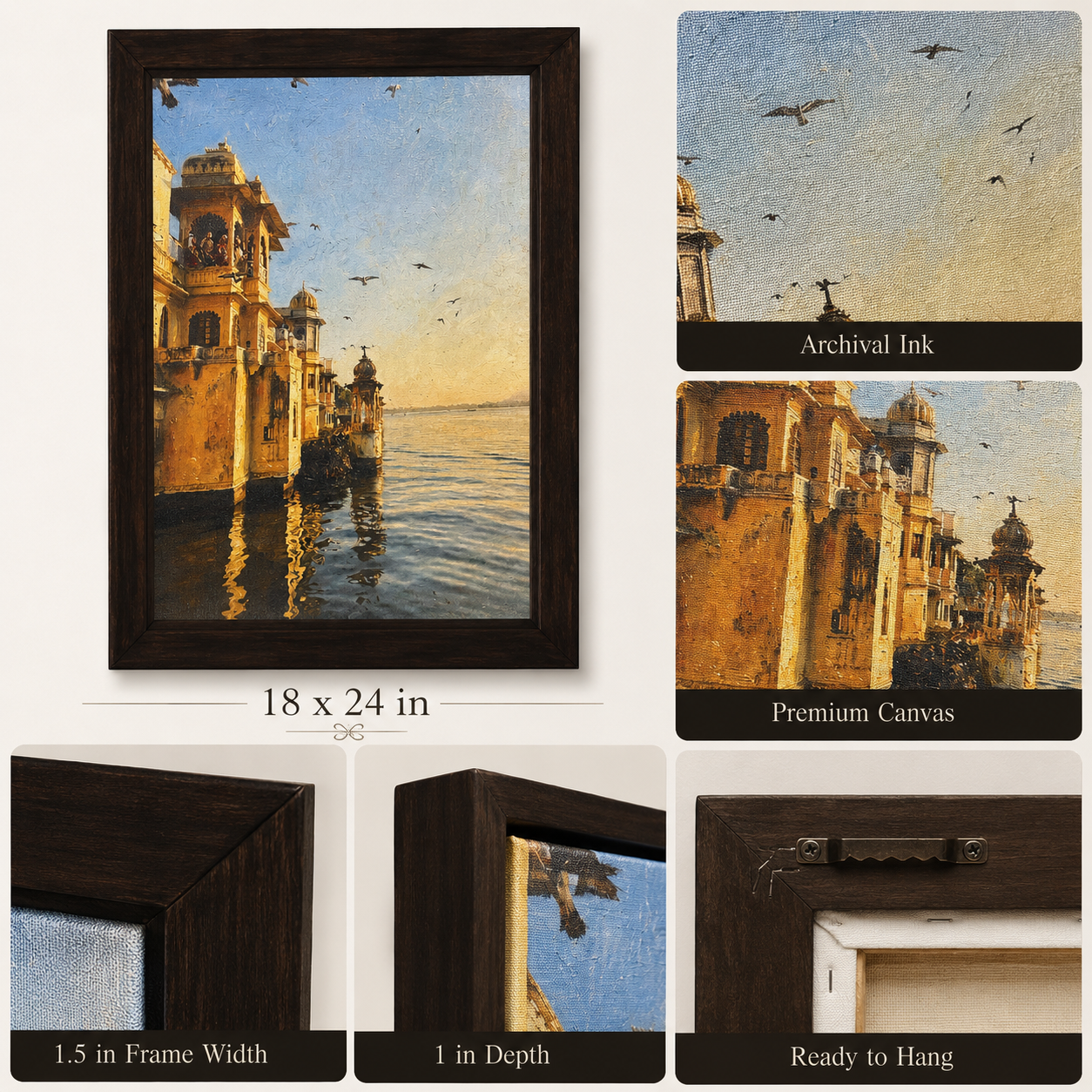 Lakeside Palace Art Print on Canvas – Walnut Wood Frame, 18 × 23 in