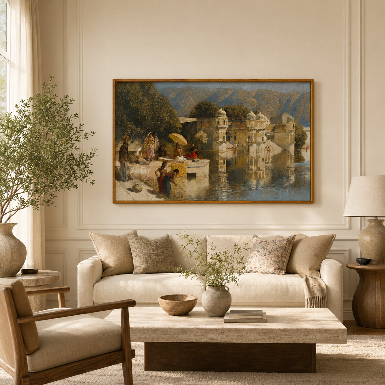 Oriental Art Print on Canvas Teak Wood Thin-Profile Frame 48 x 28 In