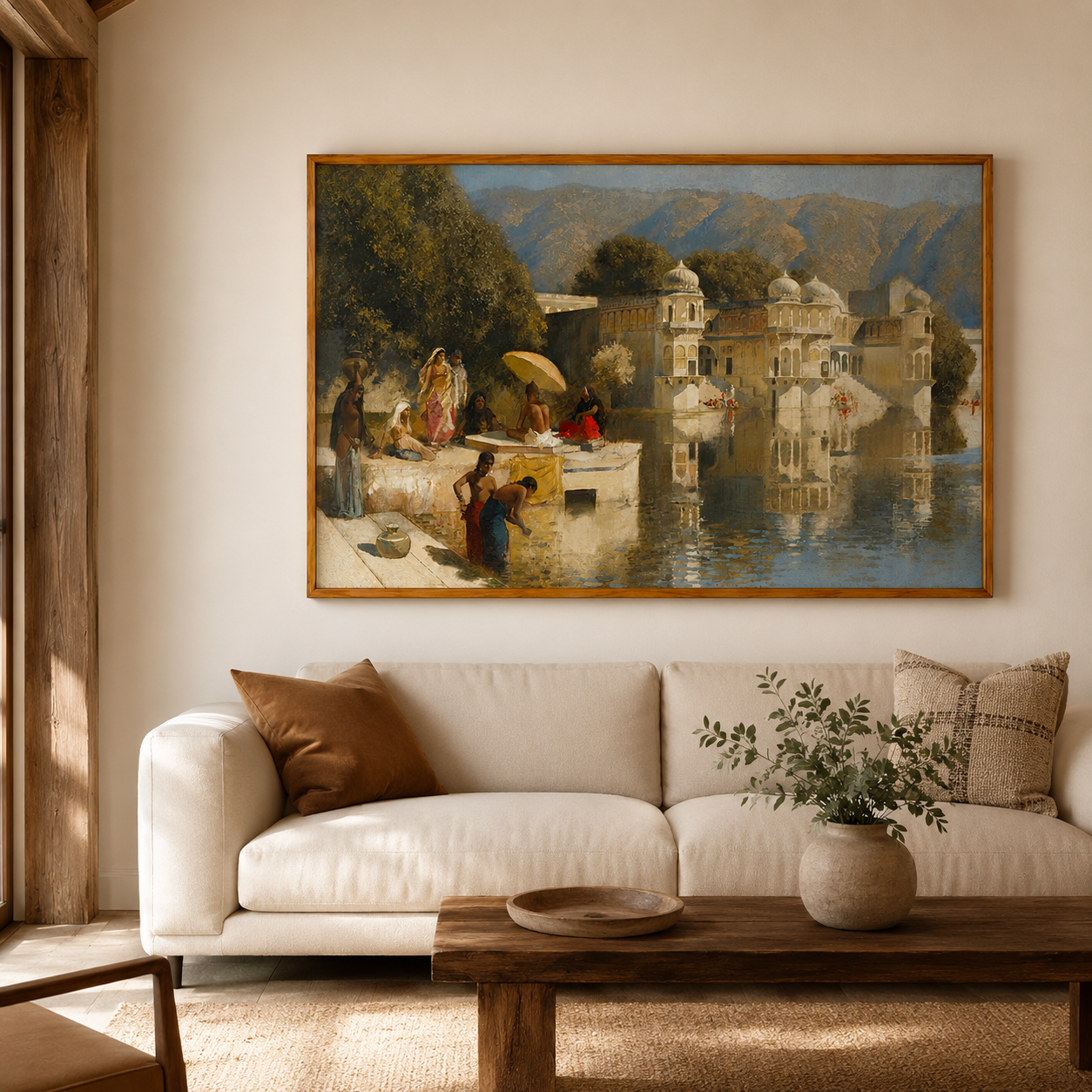 Oriental Art Print on Canvas Teak Wood Thin-Profile Frame 48 x 28 In