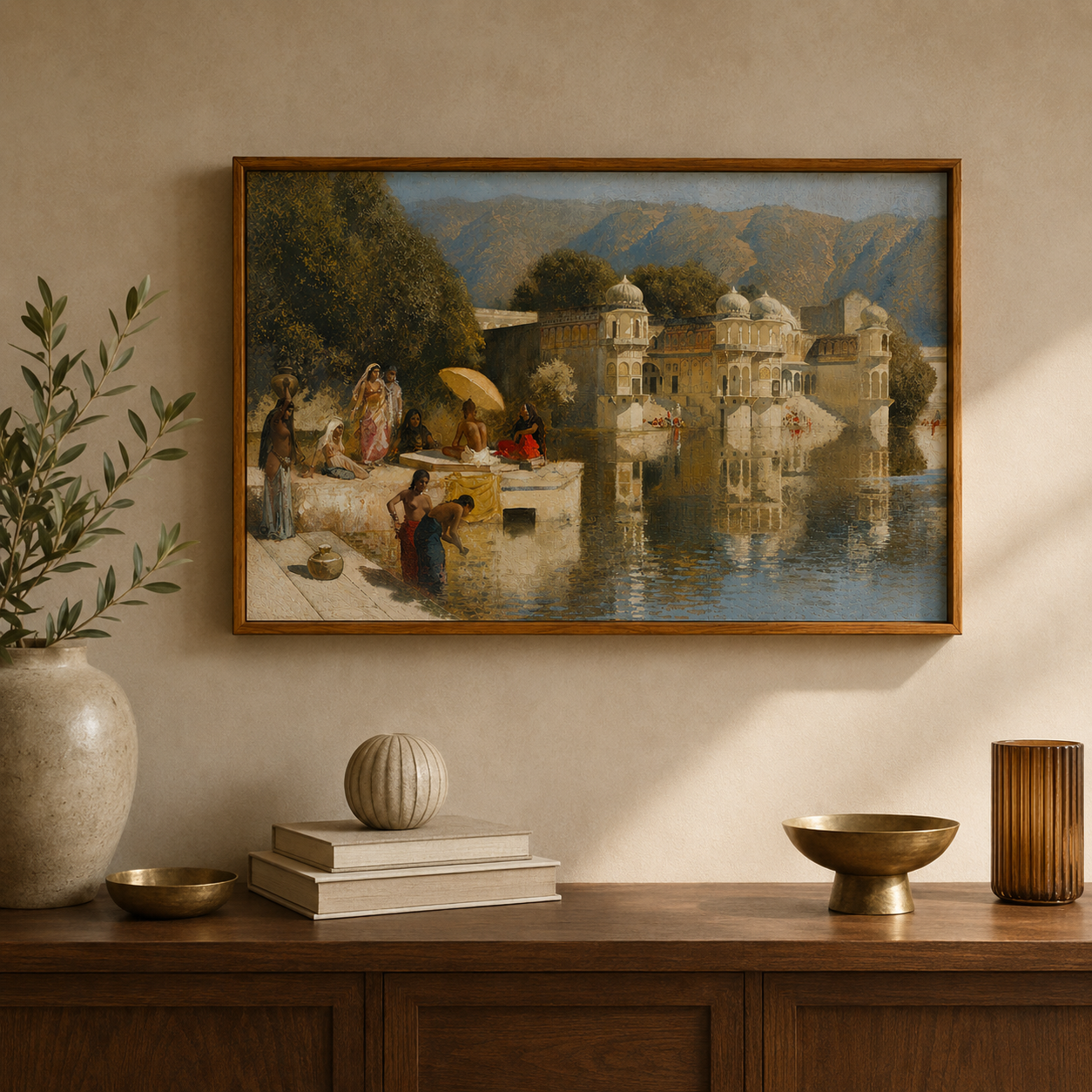 Oriental Art Print on Canvas Teak Wood Thin-Profile Frame 48 x 28 In
