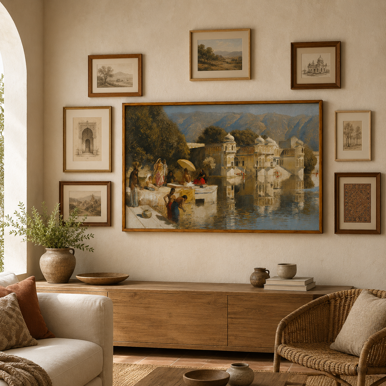 Oriental Art Print on Canvas Teak Wood Thin-Profile Frame 48 x 28 In