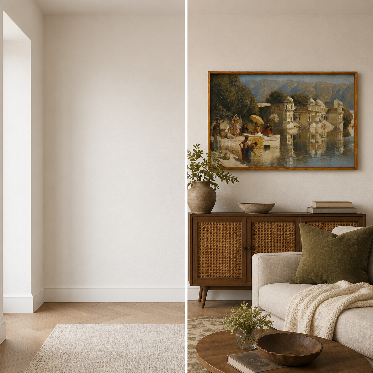 Oriental Art Print on Canvas Teak Wood Thin-Profile Frame 48 x 28 In