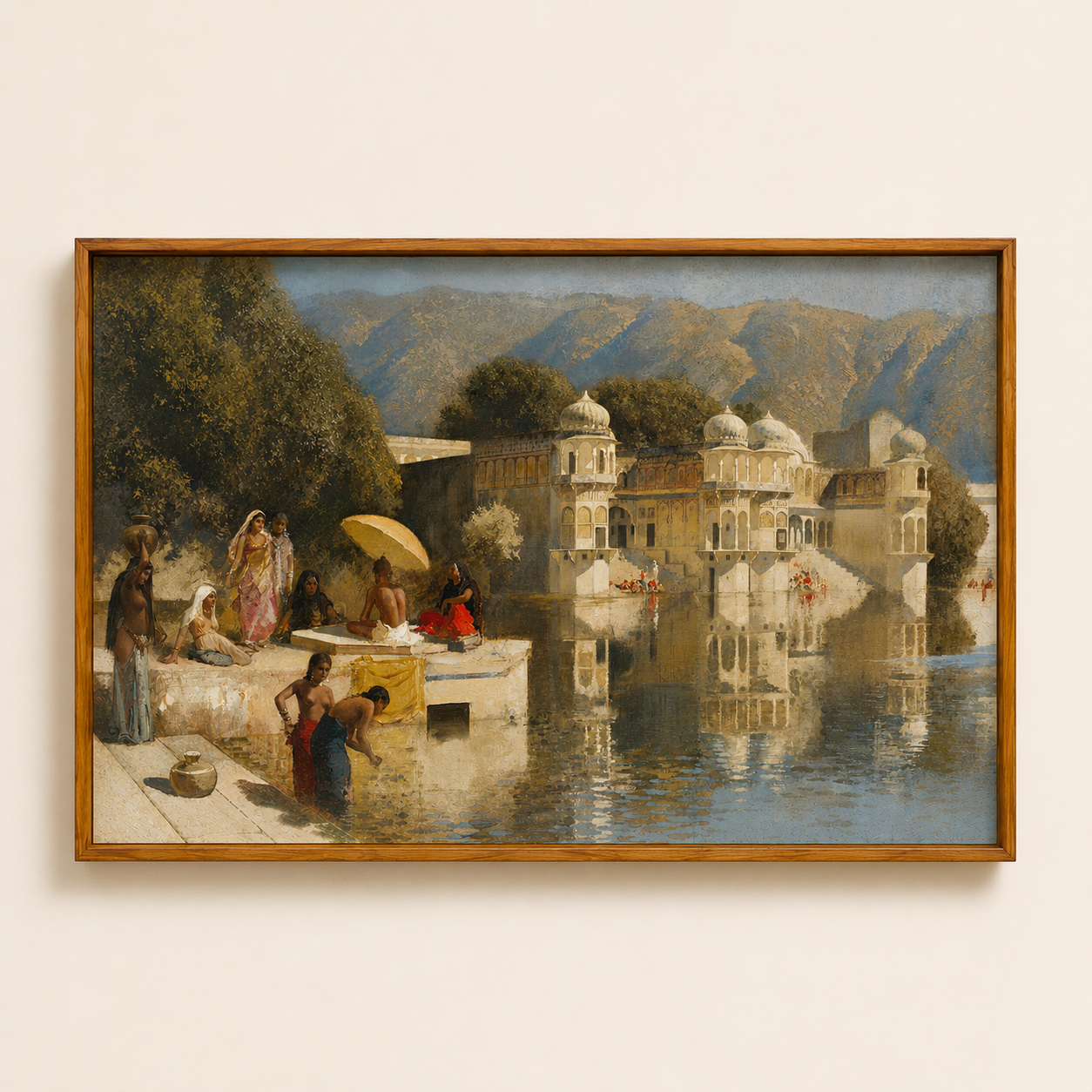 Oriental Art Print on Canvas Teak Wood Thin-Profile Frame 48 x 28 In