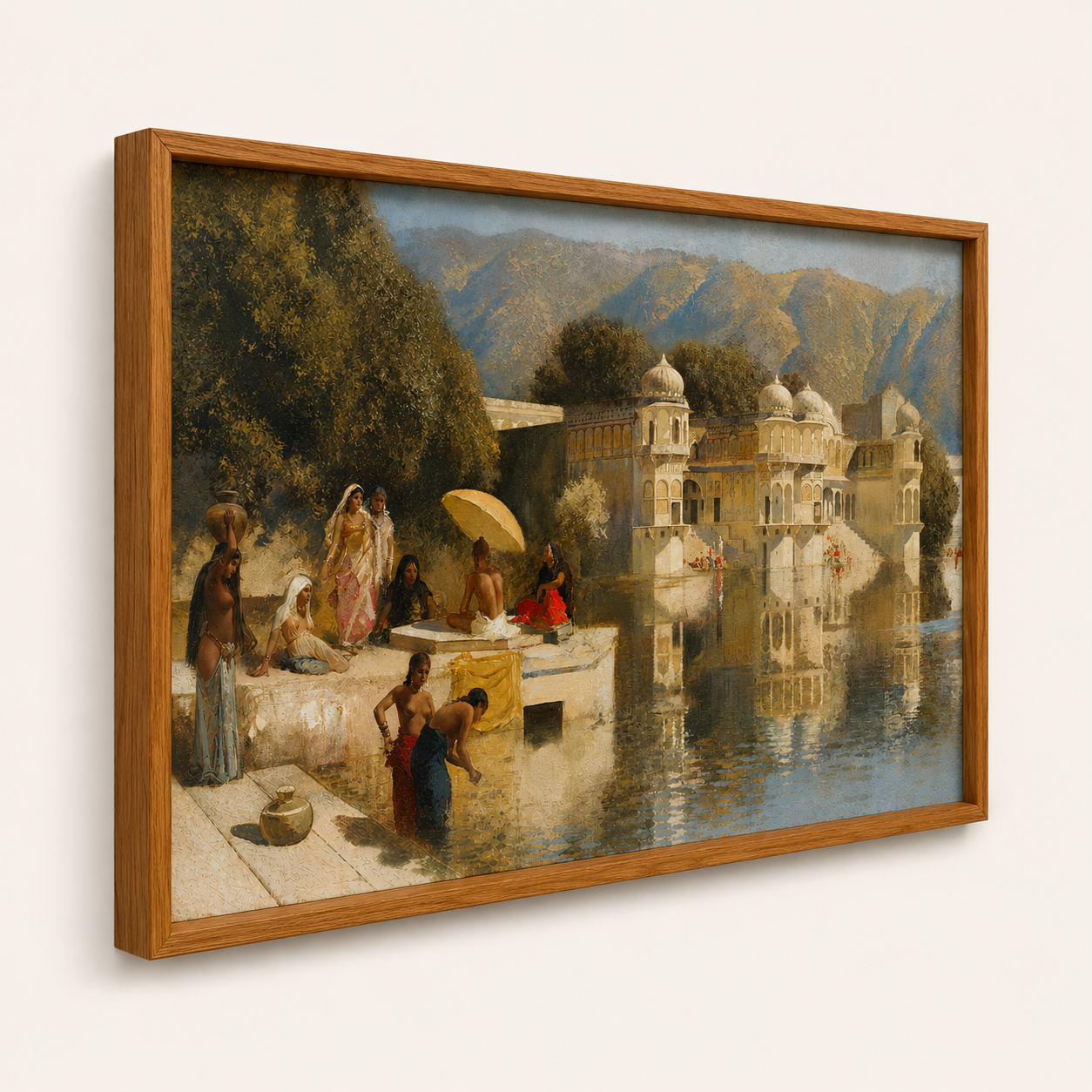 Oriental Art Print on Canvas Teak Wood Thin-Profile Frame 48 x 28 In