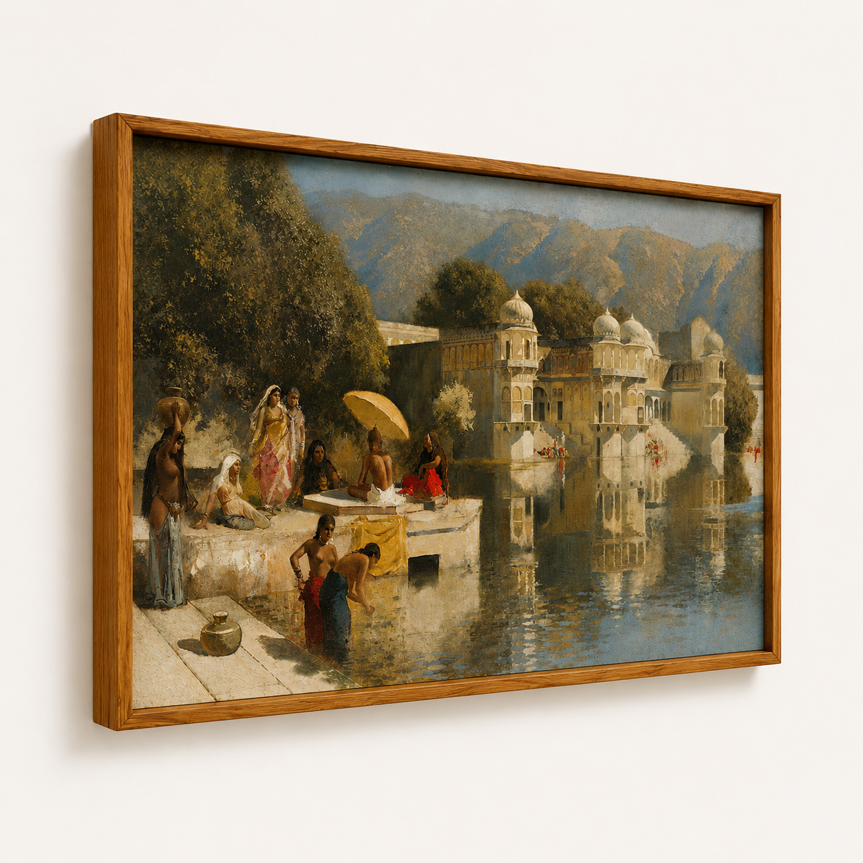 Oriental Art Print on Canvas Teak Wood Thin-Profile Frame 48 x 28 In