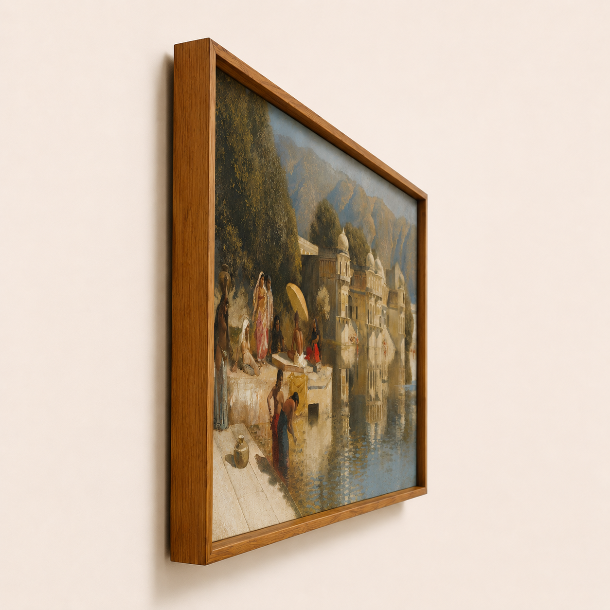 Oriental Art Print on Canvas Teak Wood Thin-Profile Frame 48 x 28 In