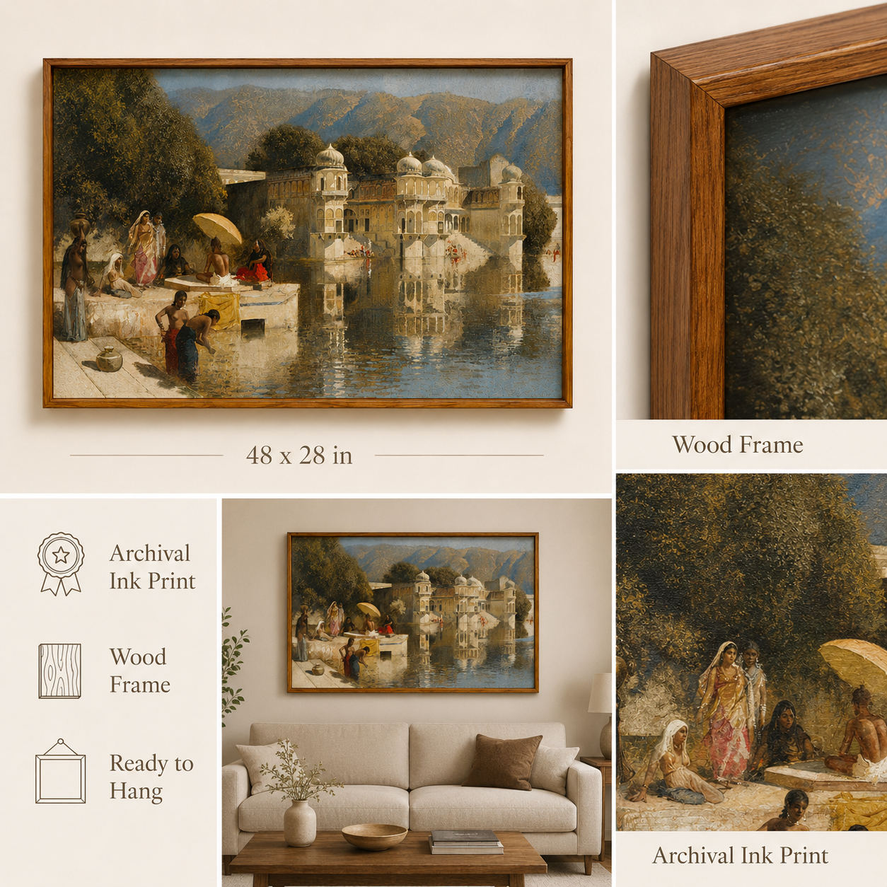 Oriental Art Print on Canvas Teak Wood Thin-Profile Frame 48 x 28 In