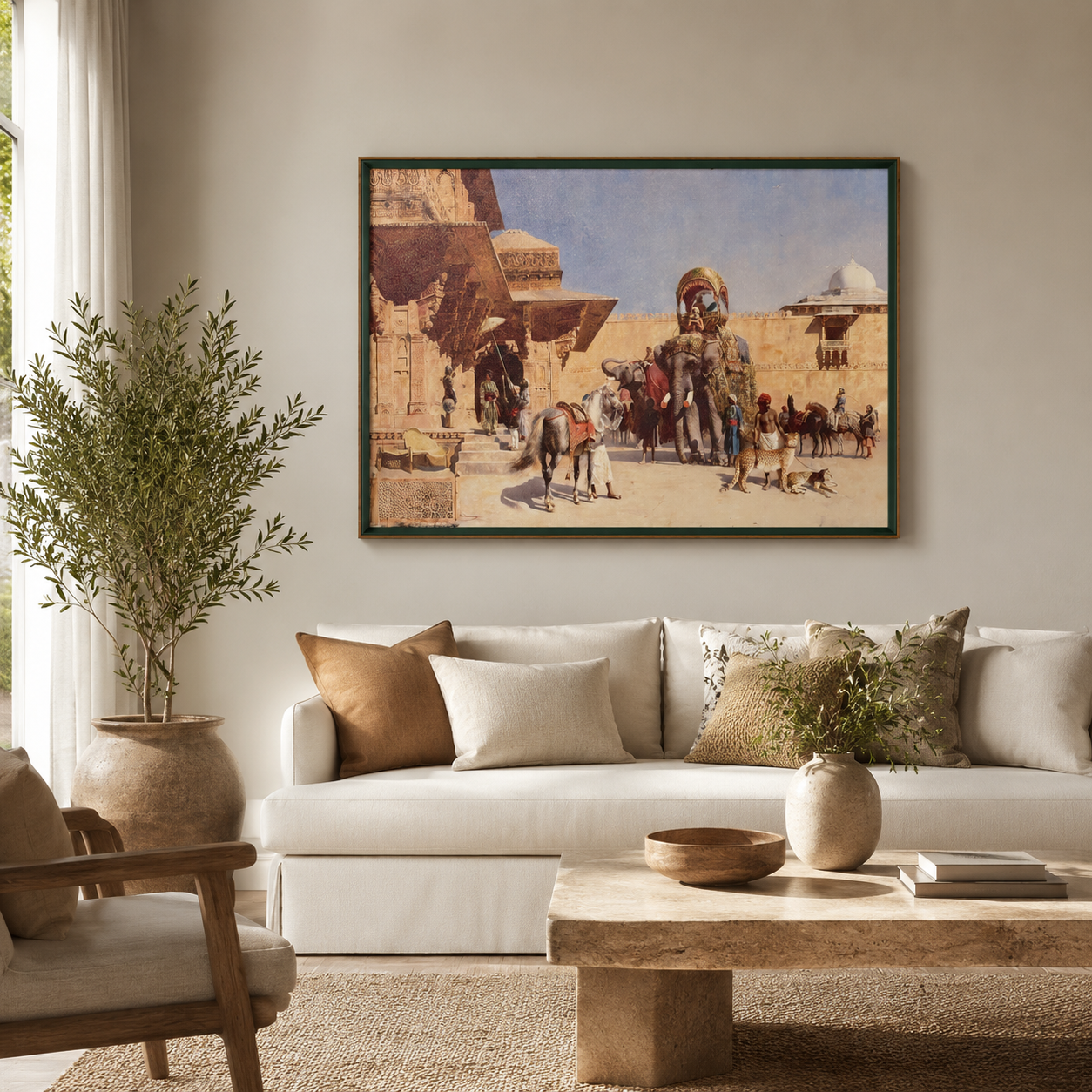 Oriental Art Print on Canvas Royal Green Frame w Teak Wood 36 x 24 In