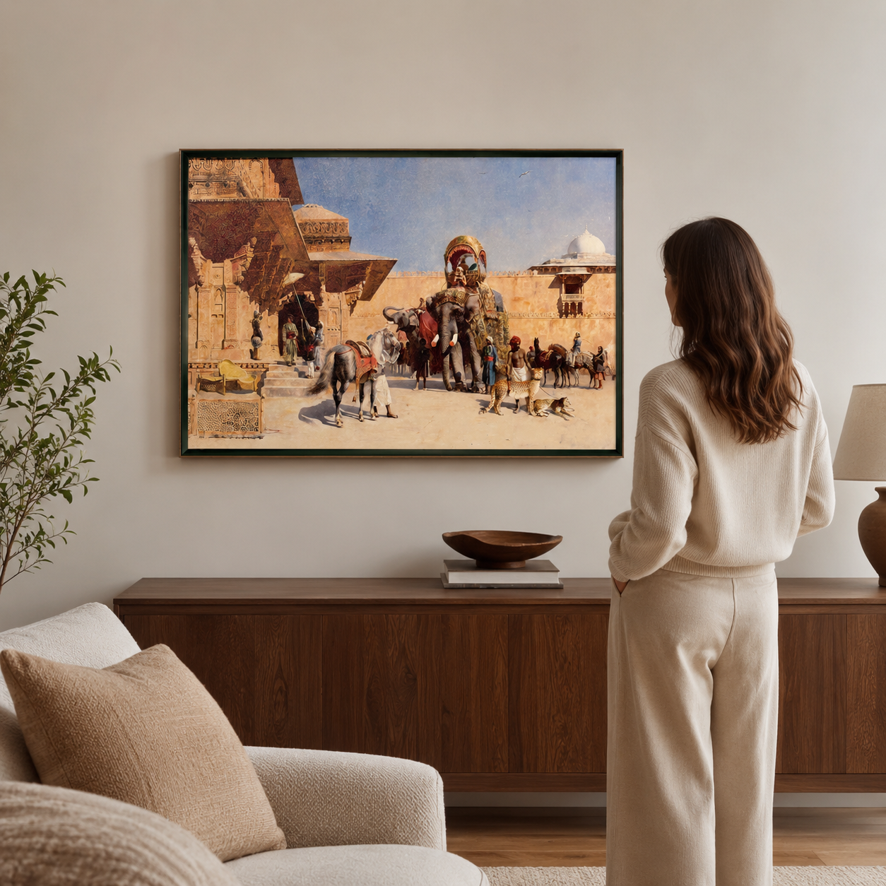 Oriental Art Print on Canvas Royal Green Frame w Teak Wood 36 x 24 In