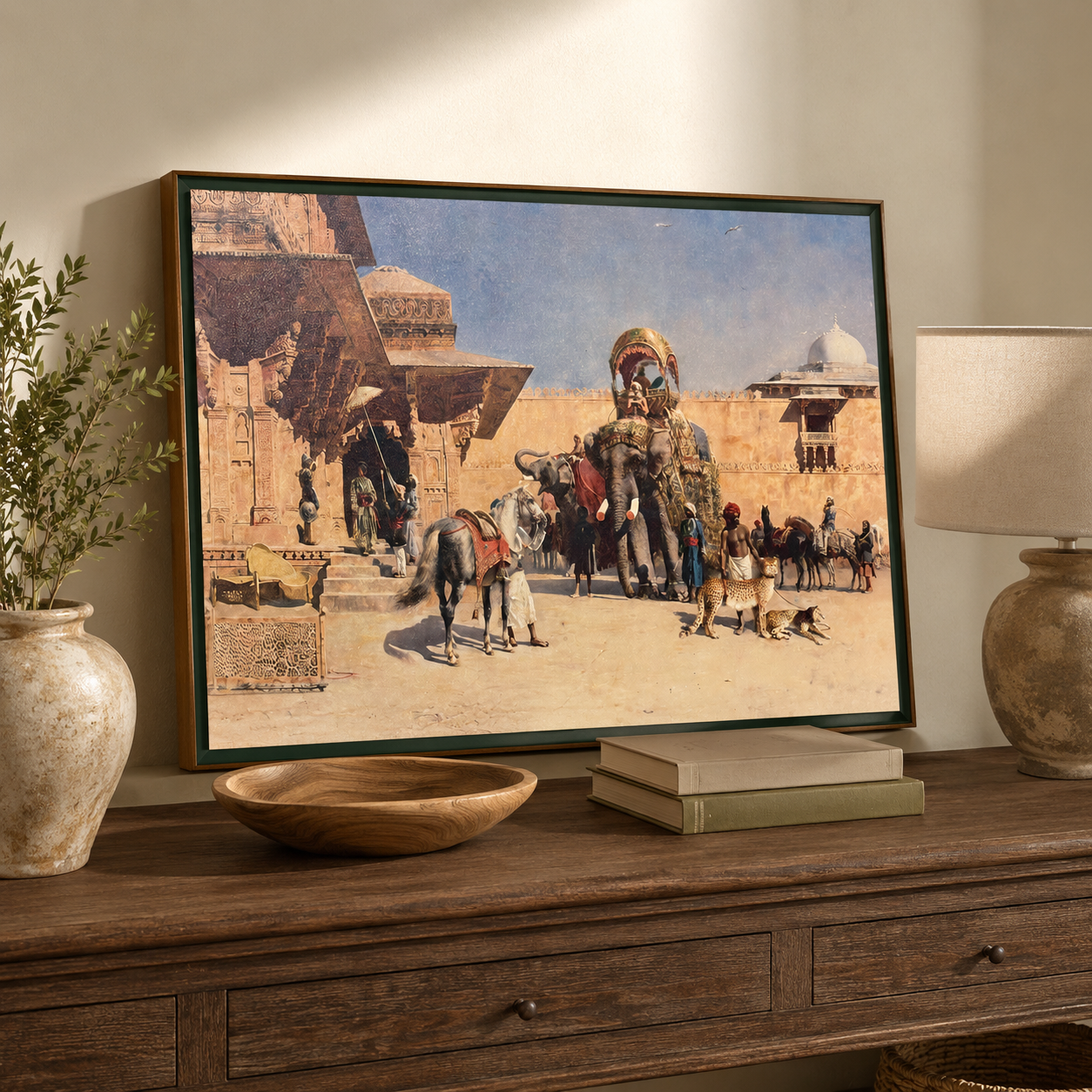 Oriental Art Print on Canvas Royal Green Frame w Teak Wood 36 x 24 In
