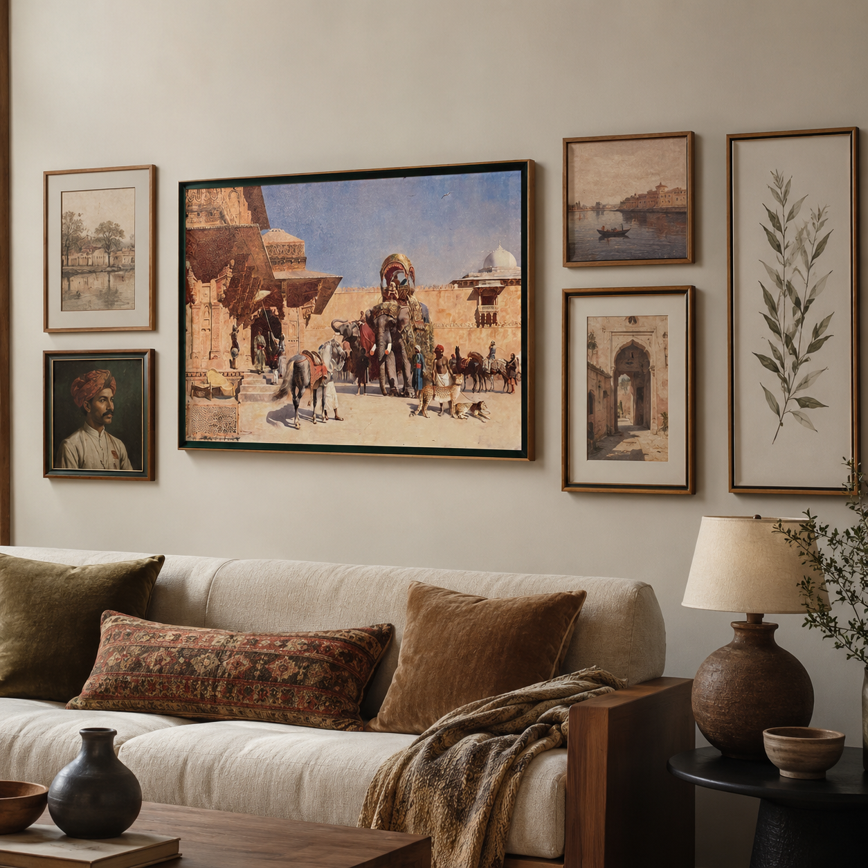Oriental Art Print on Canvas Royal Green Frame w Teak Wood 36 x 24 In