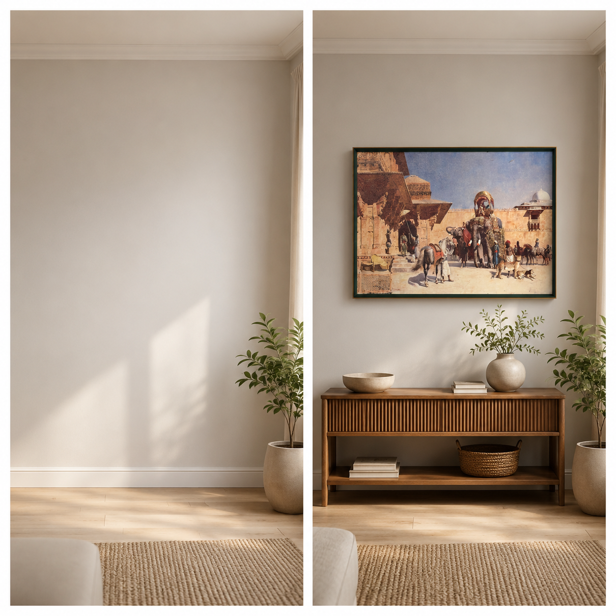 Oriental Art Print on Canvas Royal Green Frame w Teak Wood 36 x 24 In