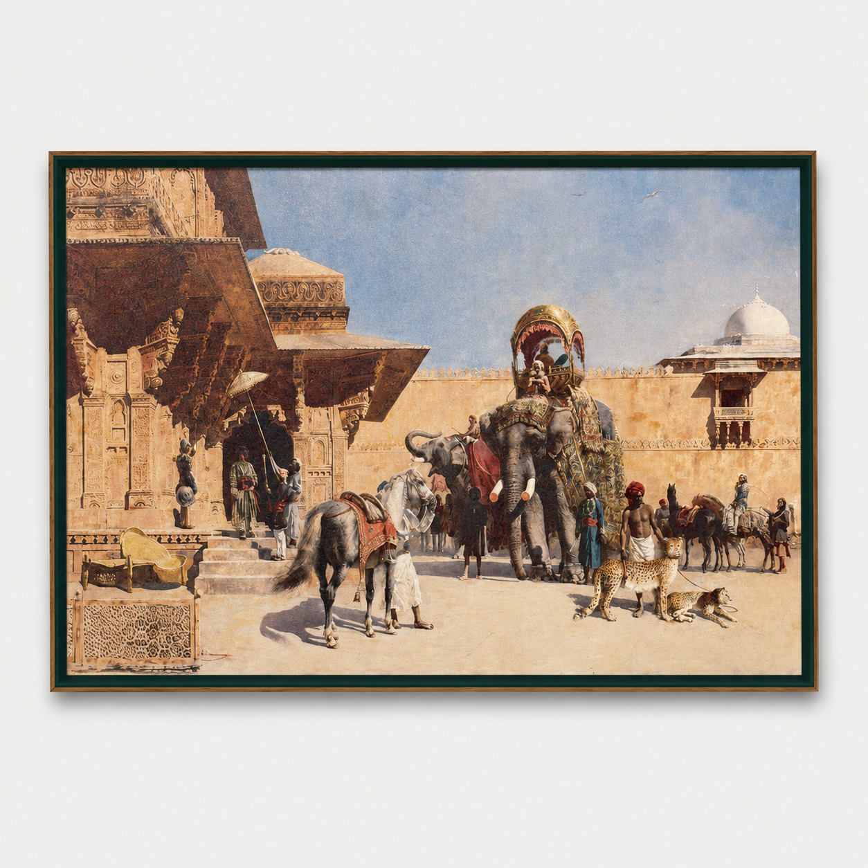 Oriental Art Print on Canvas Royal Green Frame w Teak Wood 36 x 24 In