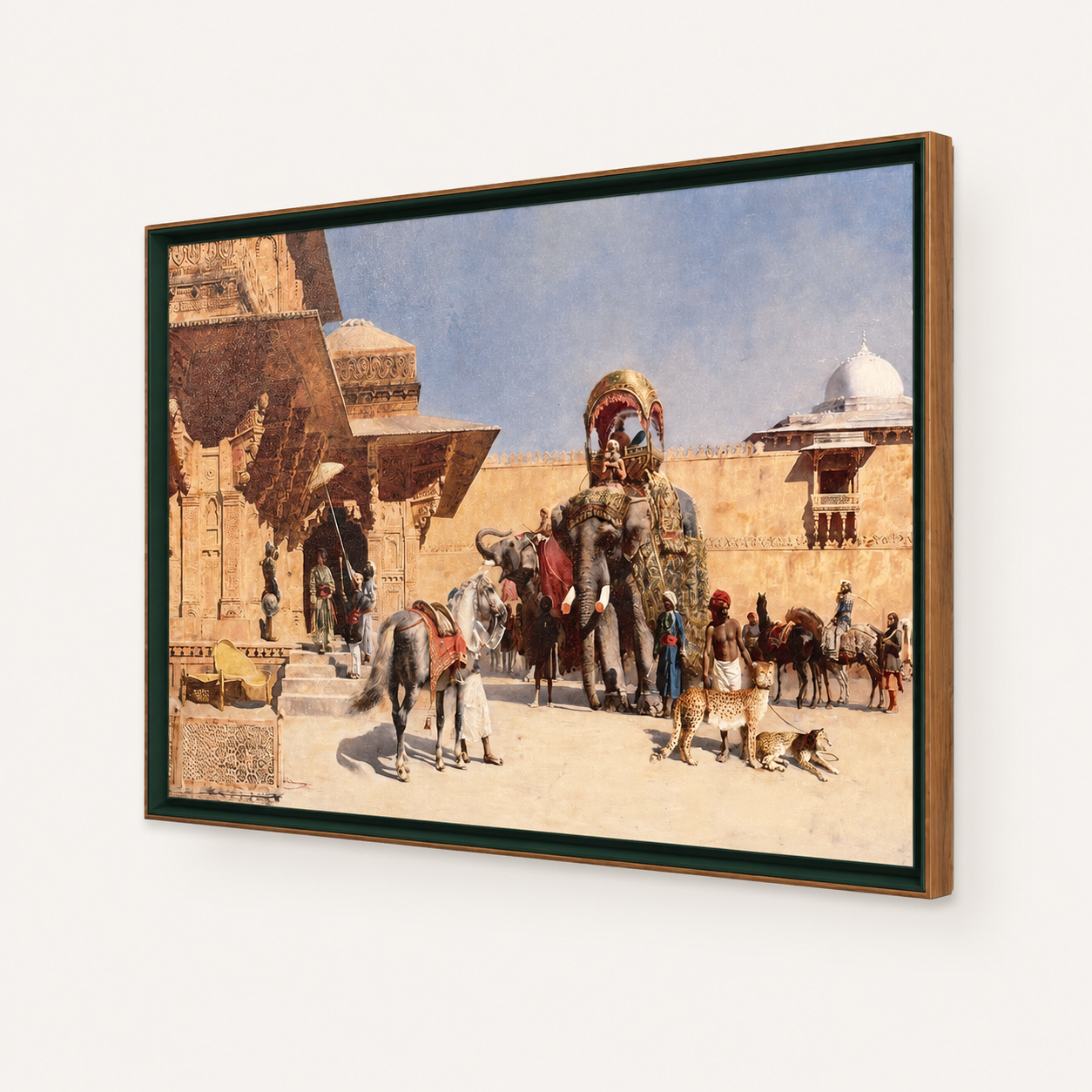Oriental Art Print on Canvas Royal Green Frame w Teak Wood 36 x 24 In