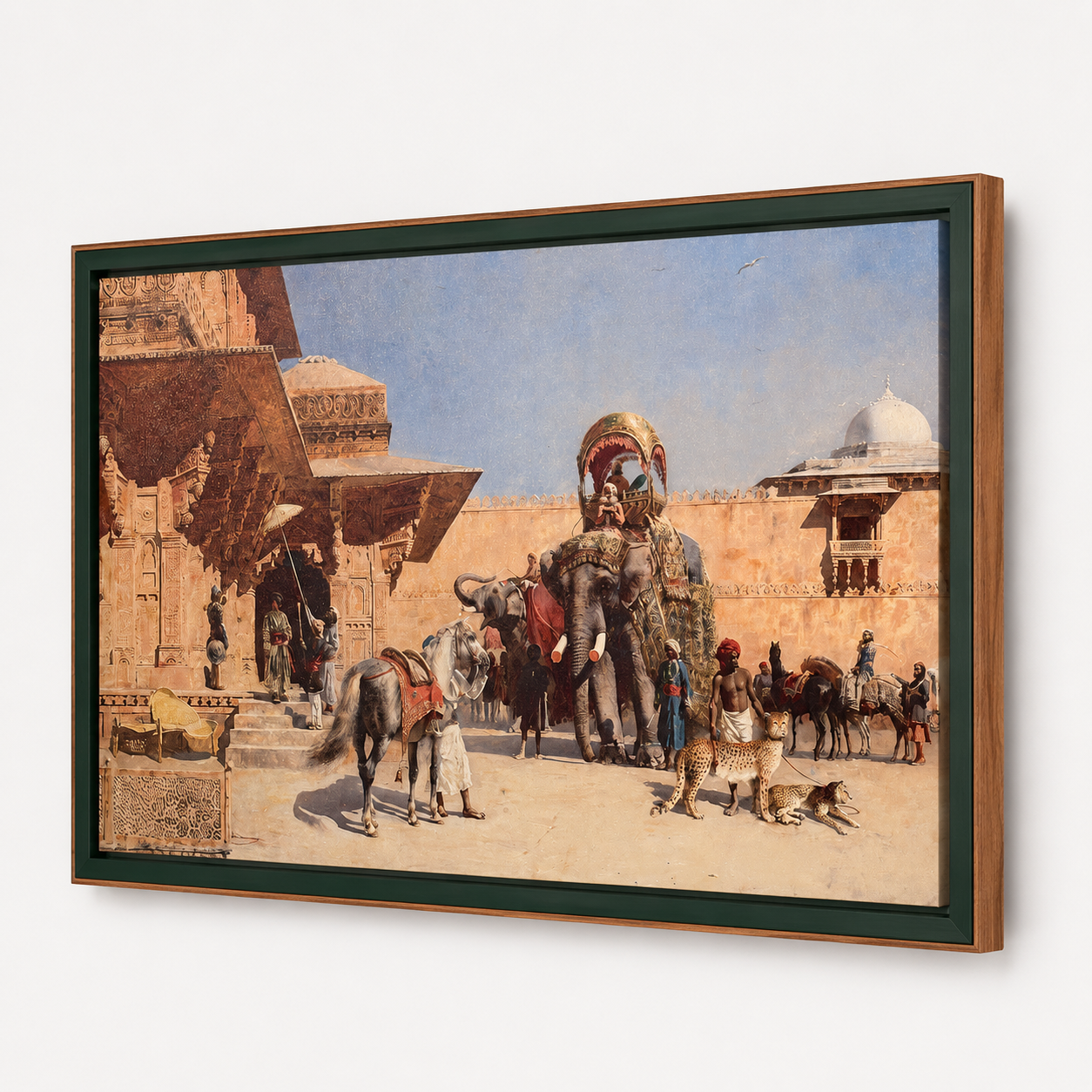 Oriental Art Print on Canvas Royal Green Frame w Teak Wood 36 x 24 In