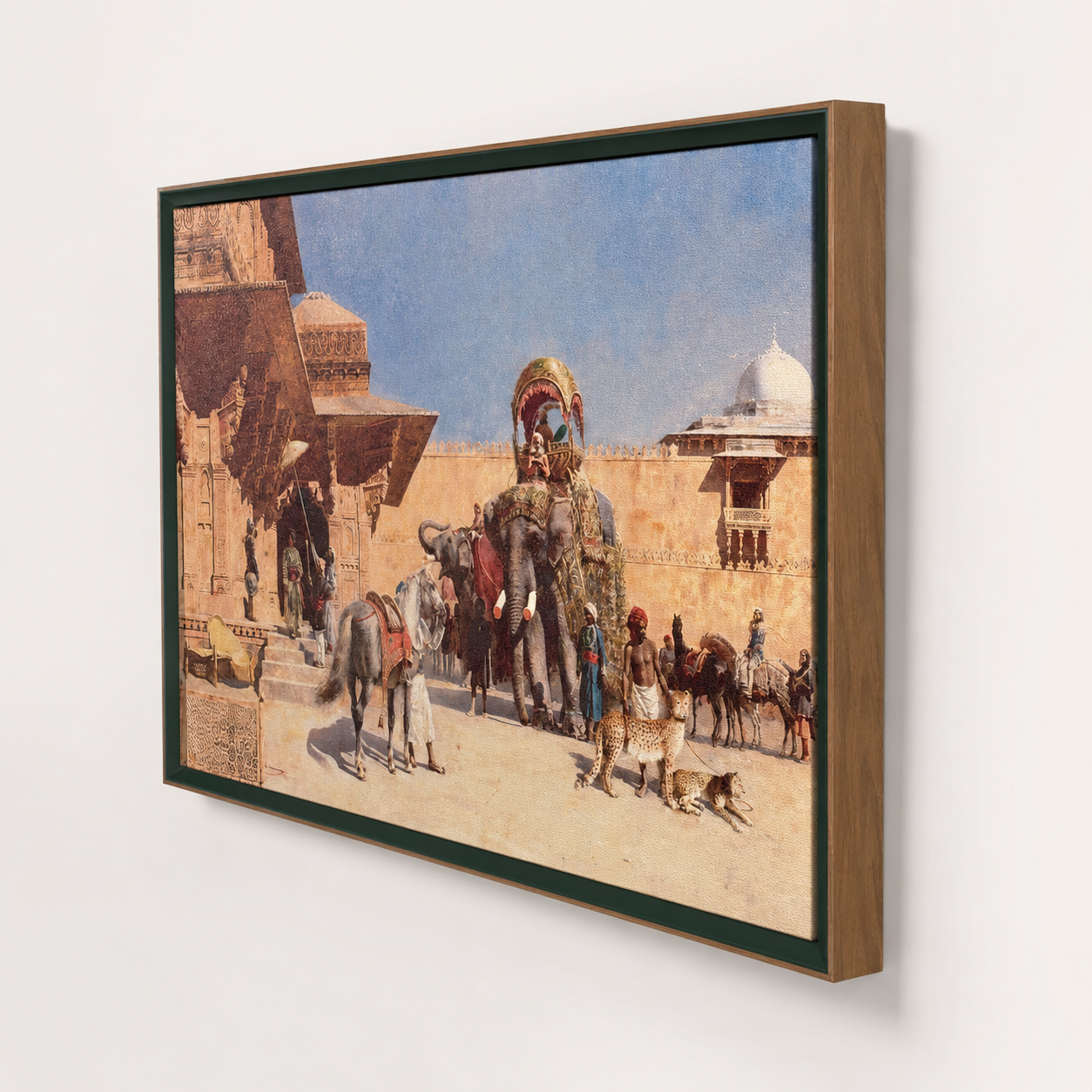 Oriental Art Print on Canvas Royal Green Frame w Teak Wood 36 x 24 In