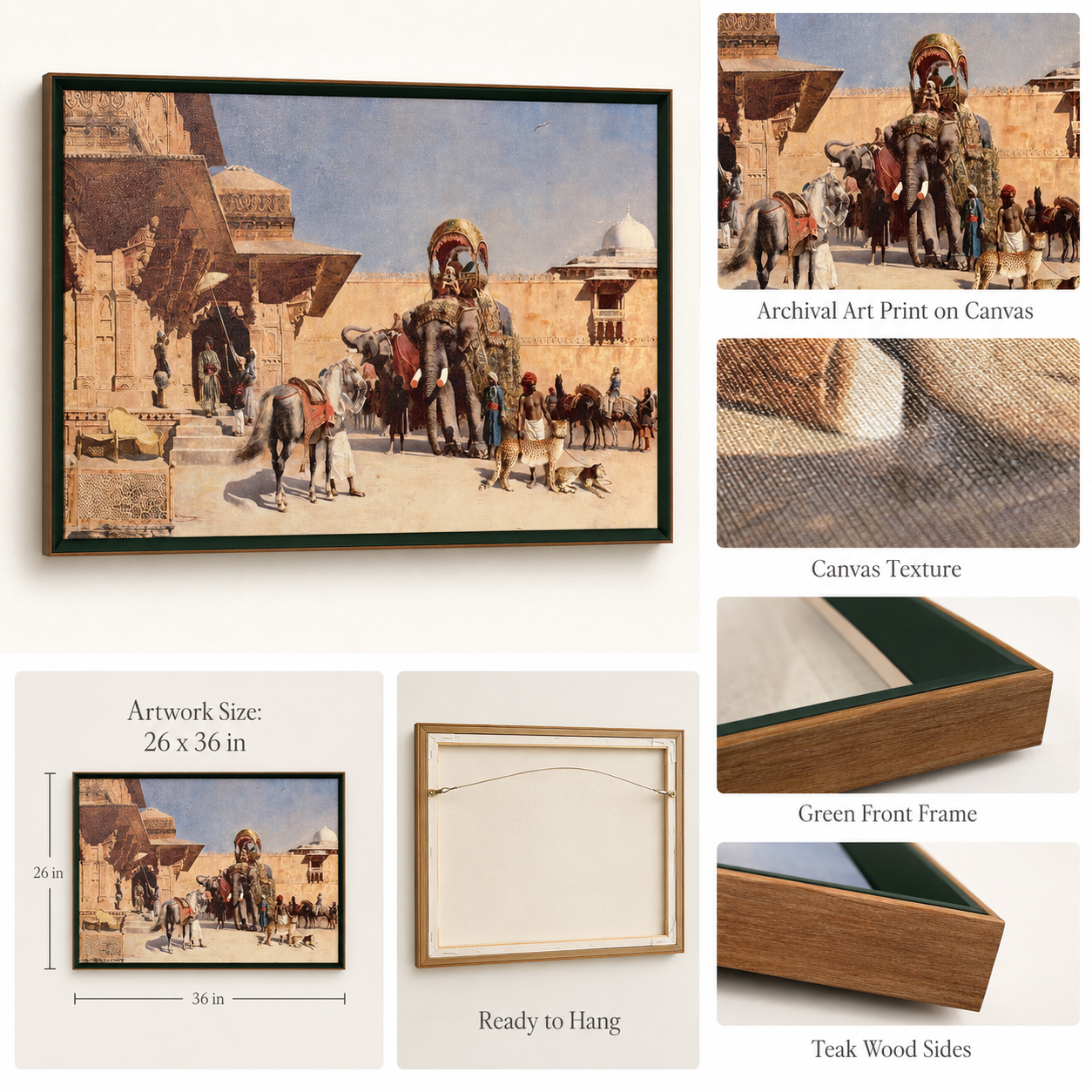 Oriental Art Print on Canvas Royal Green Frame w Teak Wood 36 x 24 In