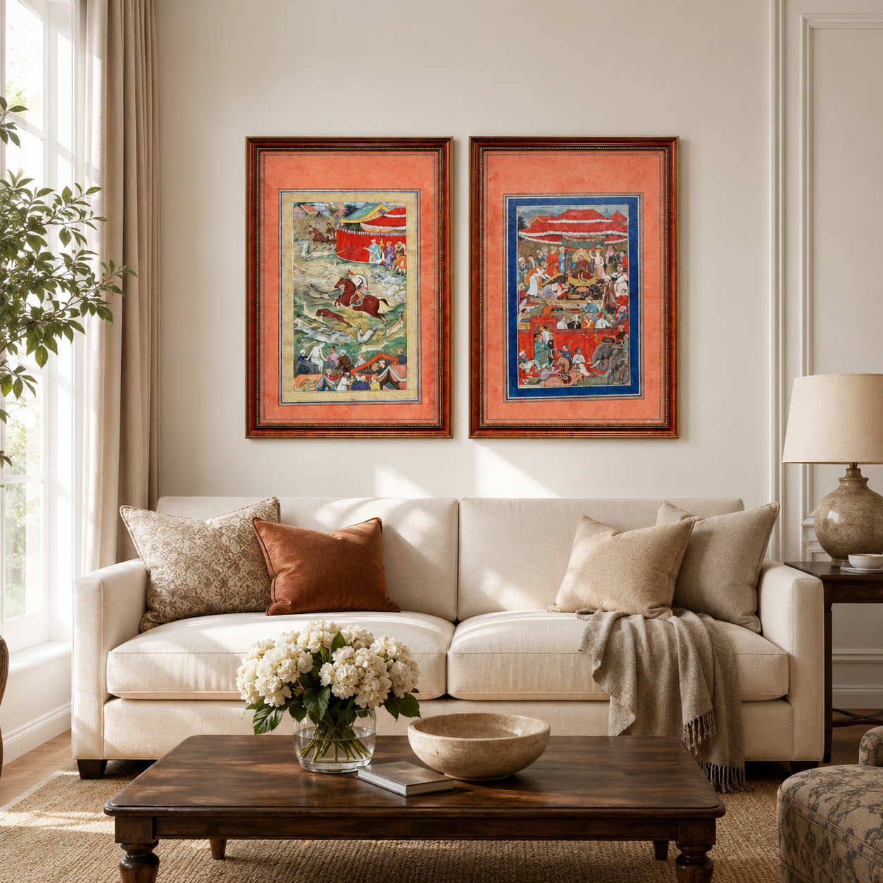 Indian Miniature Art Print on Canvas - Rustic Indian Frame (Red) - Set of 2 24 x 16 in (Each)