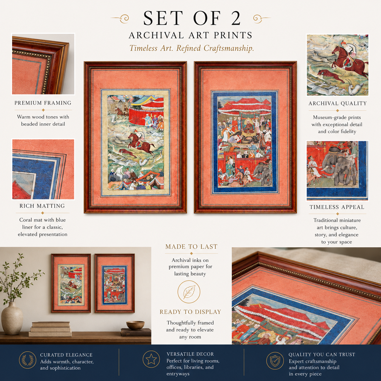 Indian Miniature Art Print on Canvas - Rustic Indian Frame (Red) - Set of 2 24 x 16 in (Each)