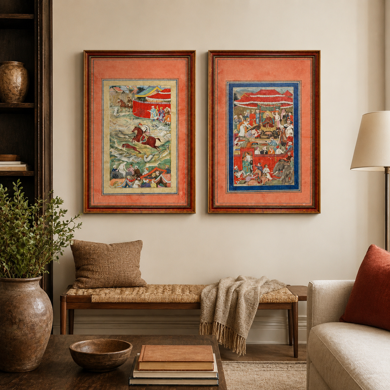 Indian Miniature Art Print on Canvas - Rustic Indian Frame (Red) - Set of 2 24 x 16 in (Each)
